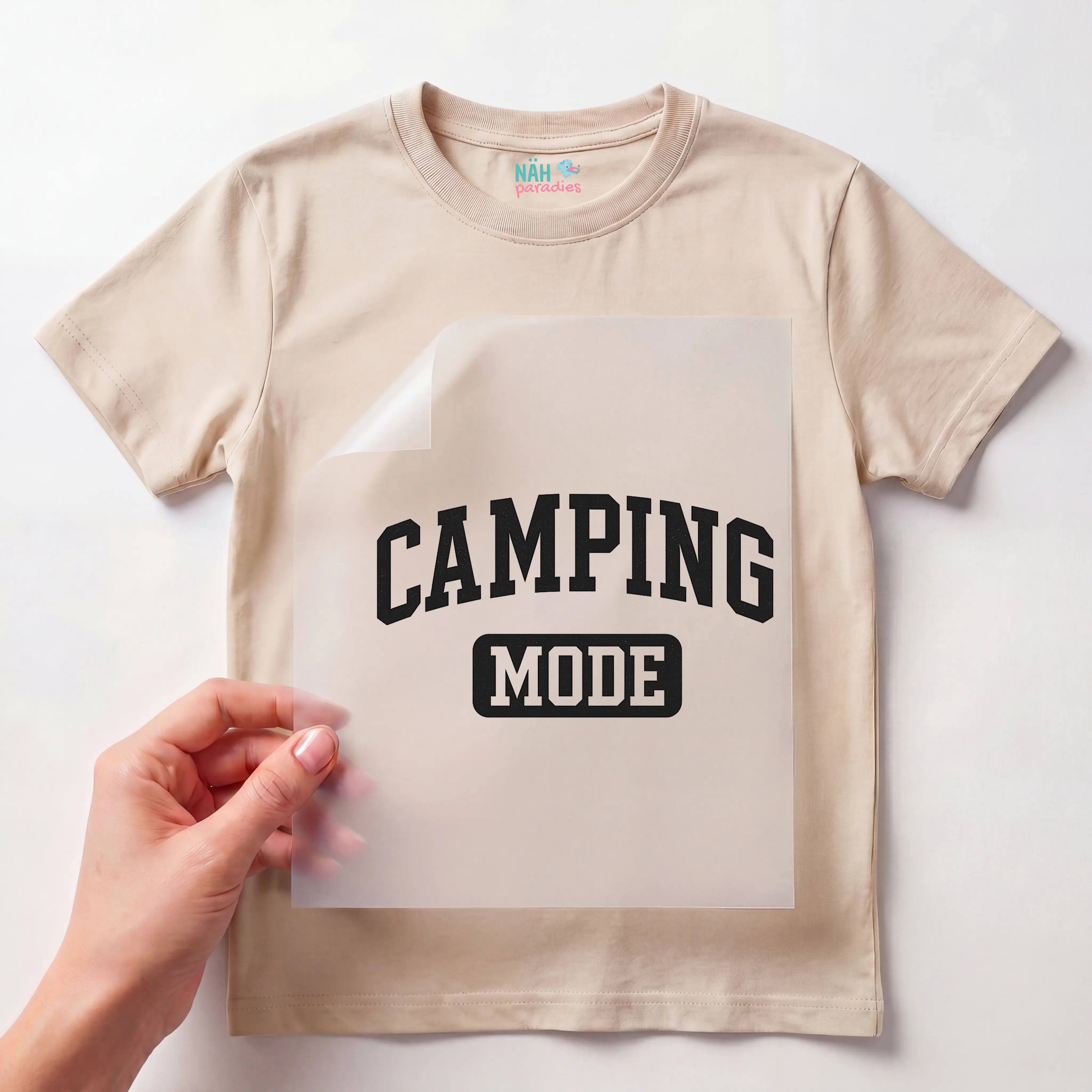 Bügelbild Schriftzug Camping Mode schwarz