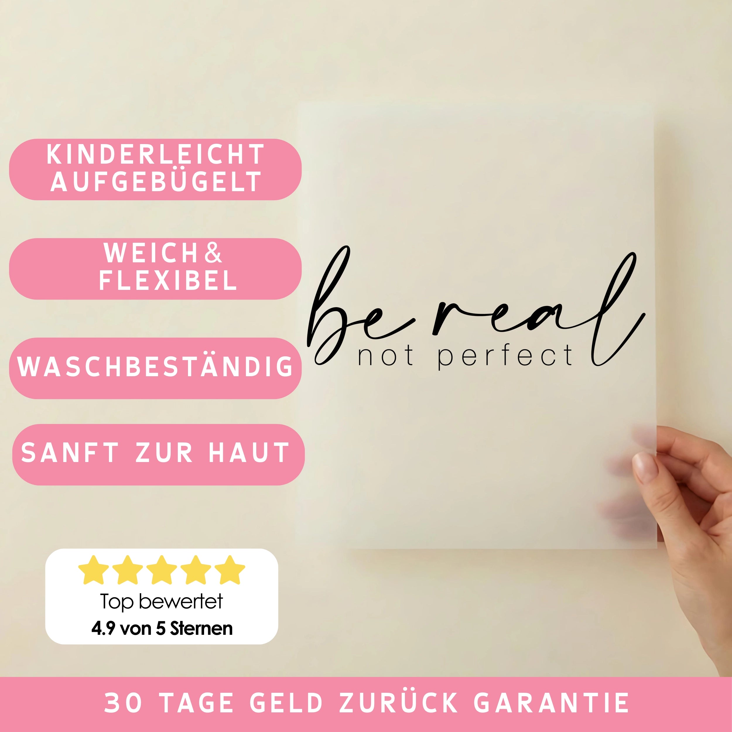 Bügelbild Schriftzug Be real not perfect