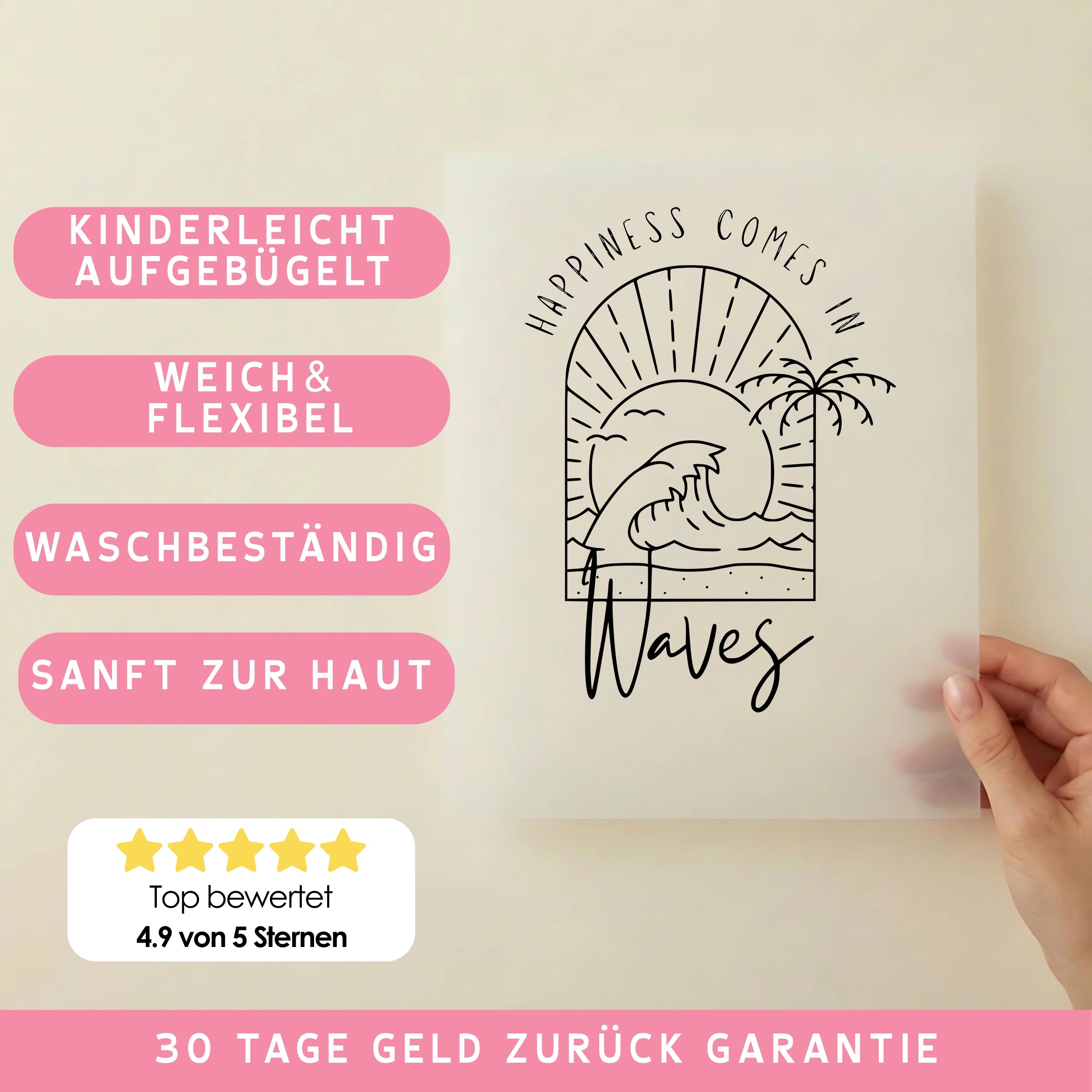 Bügelbild Schriftzug happiness comes in waves