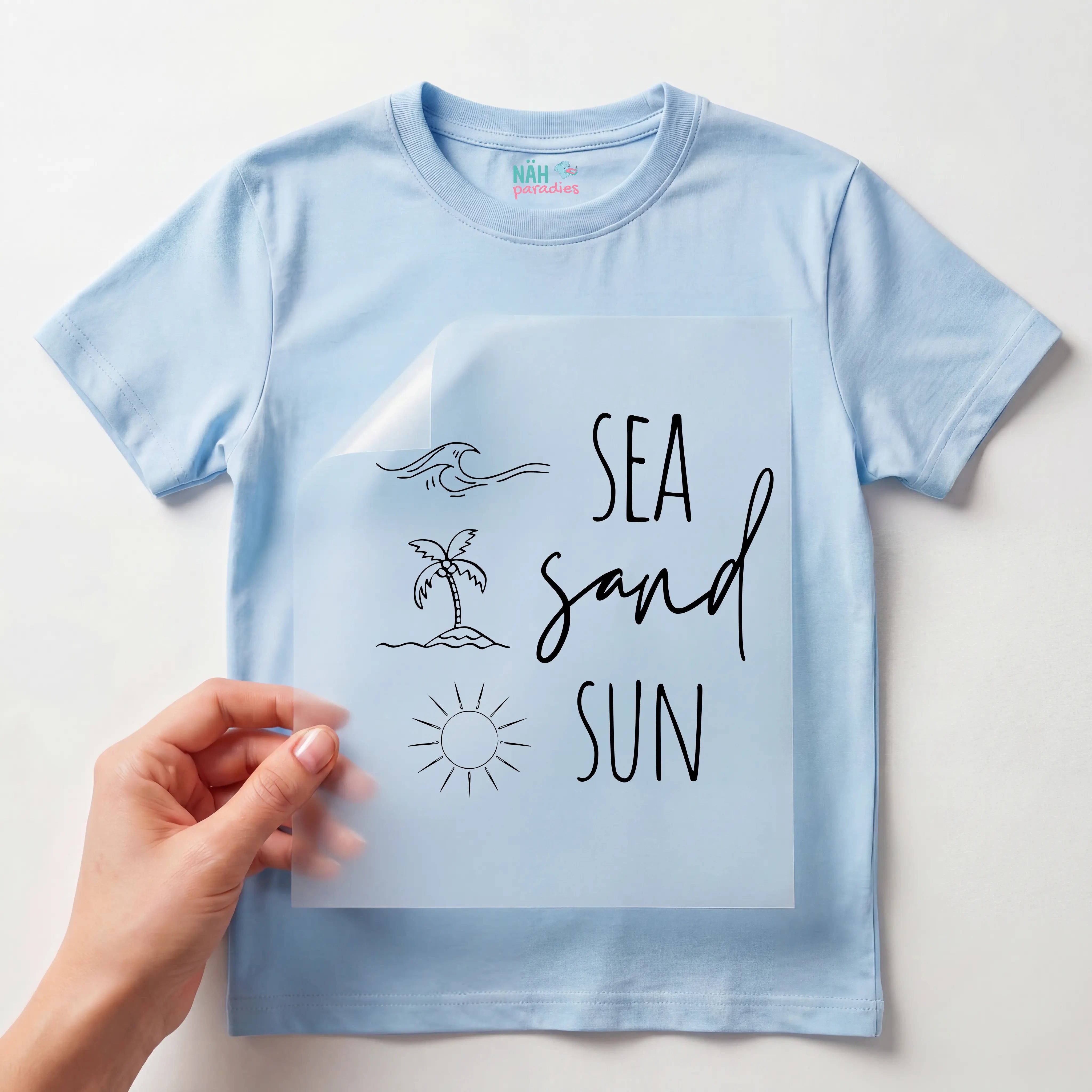 Bügelbild Schriftzug sea sand sun