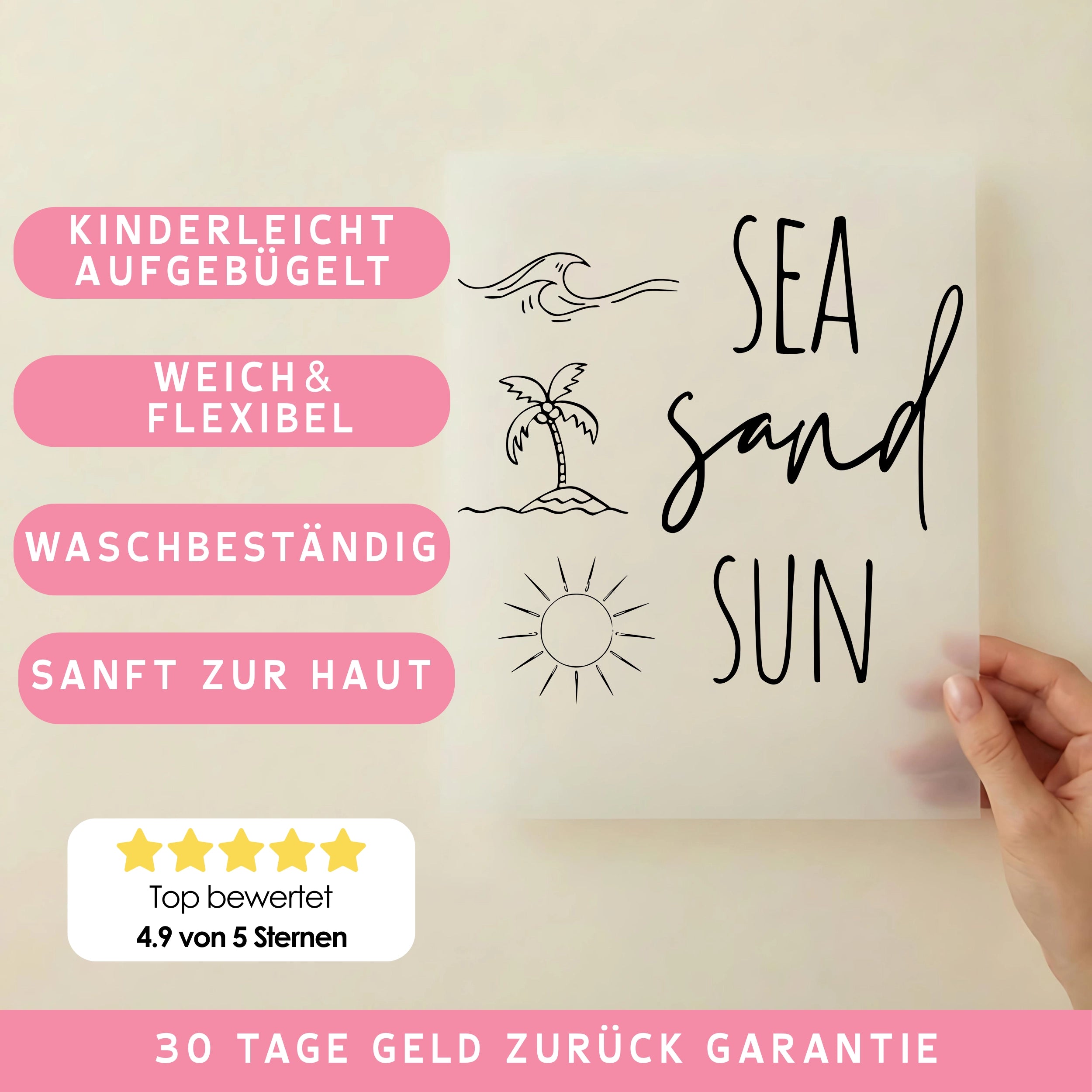 Bügelbild Schriftzug sea sand sun