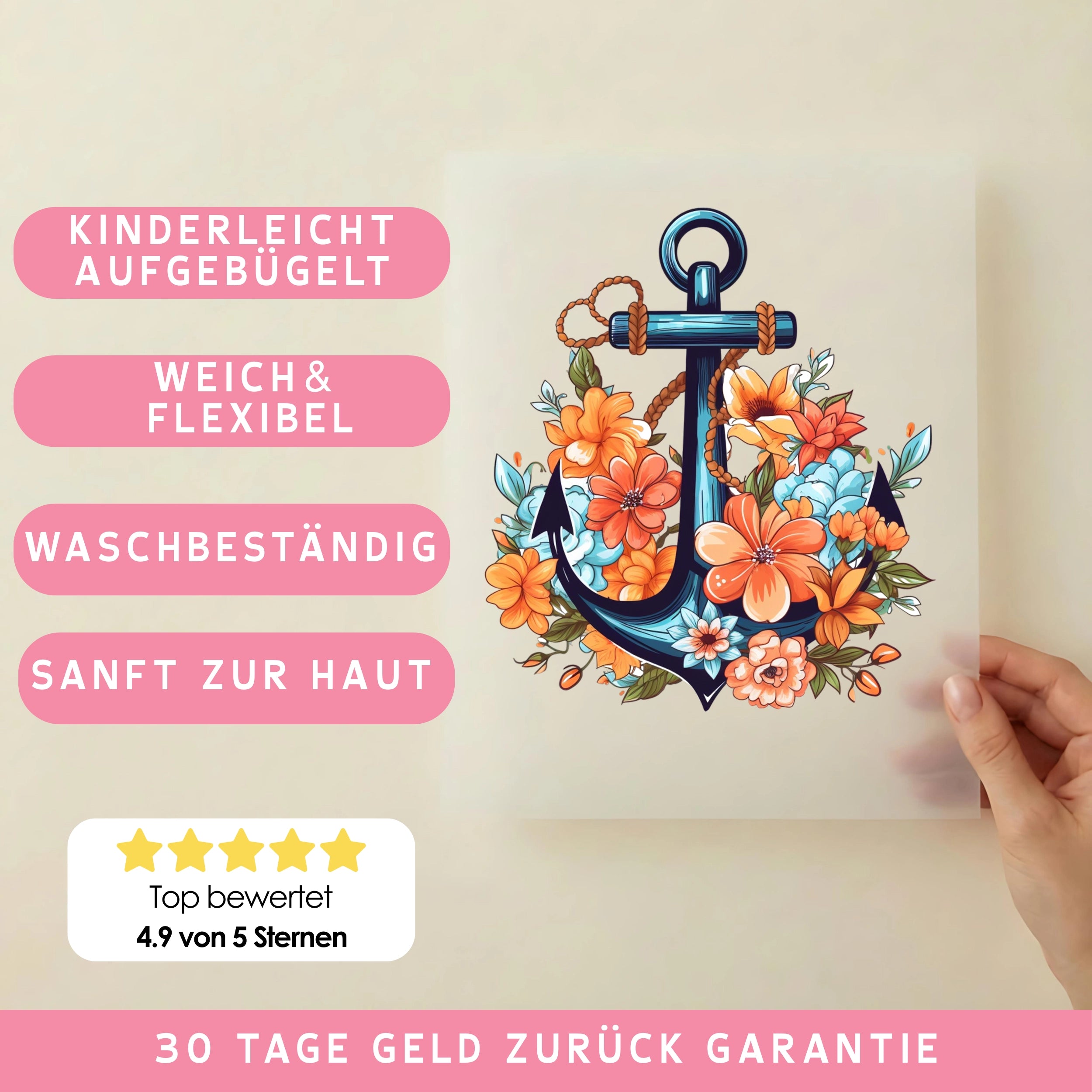 Bügelbild Blumen Anker