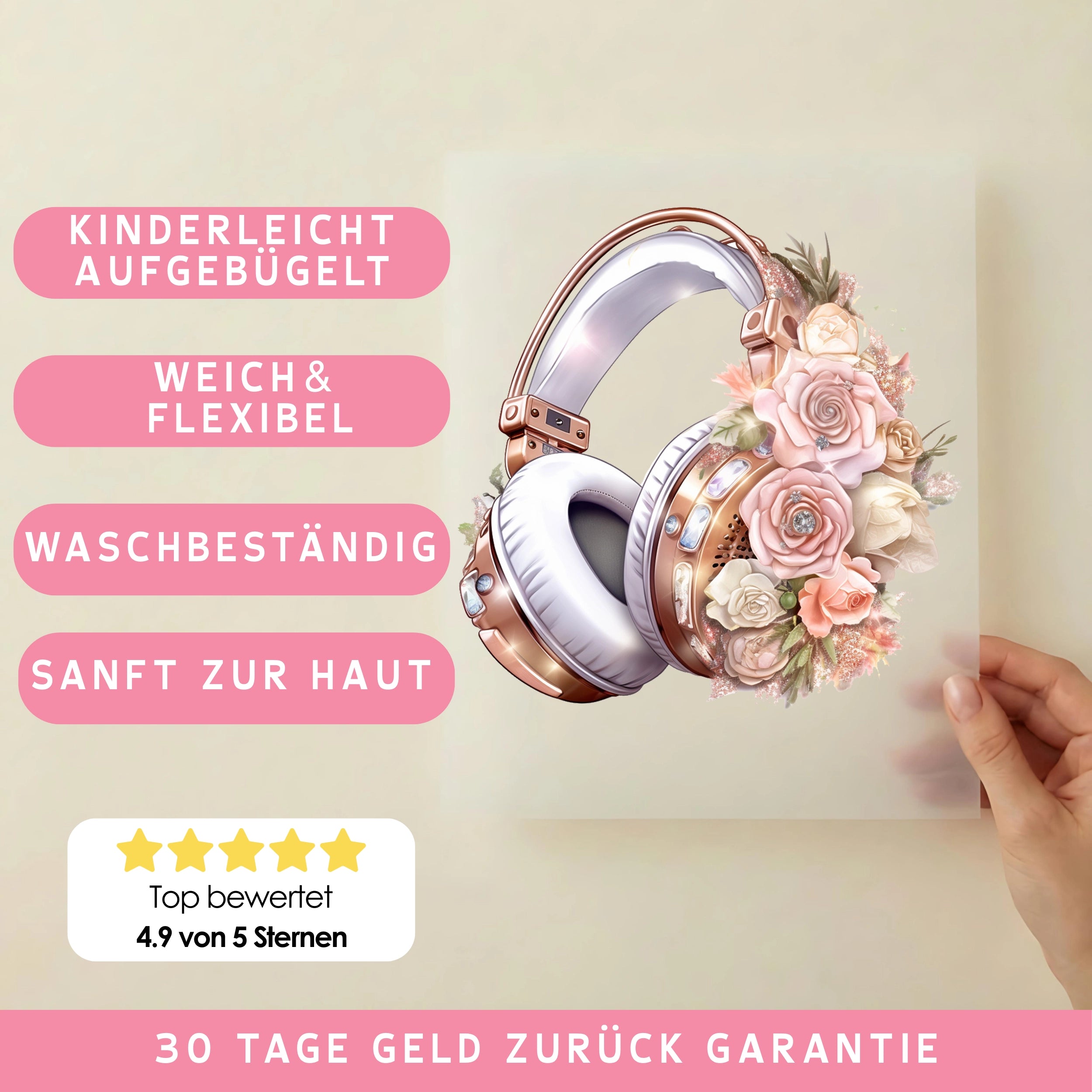 Bügelbild Rosa Blumen Kopfhörer