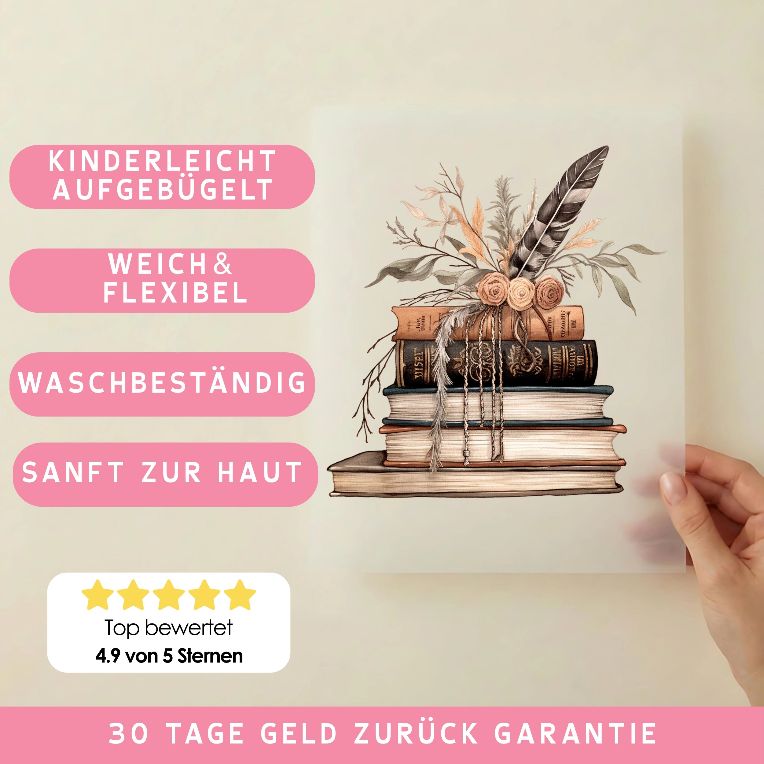 Bügelbild Boho Bücher