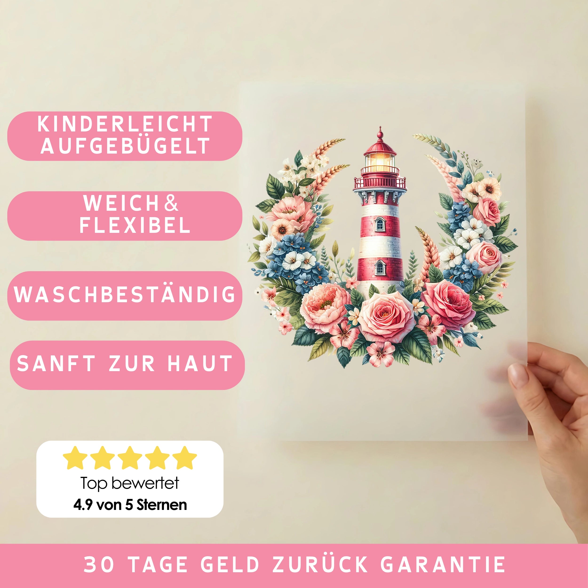 Bügelbild Floraler Leuchtturmzauber
