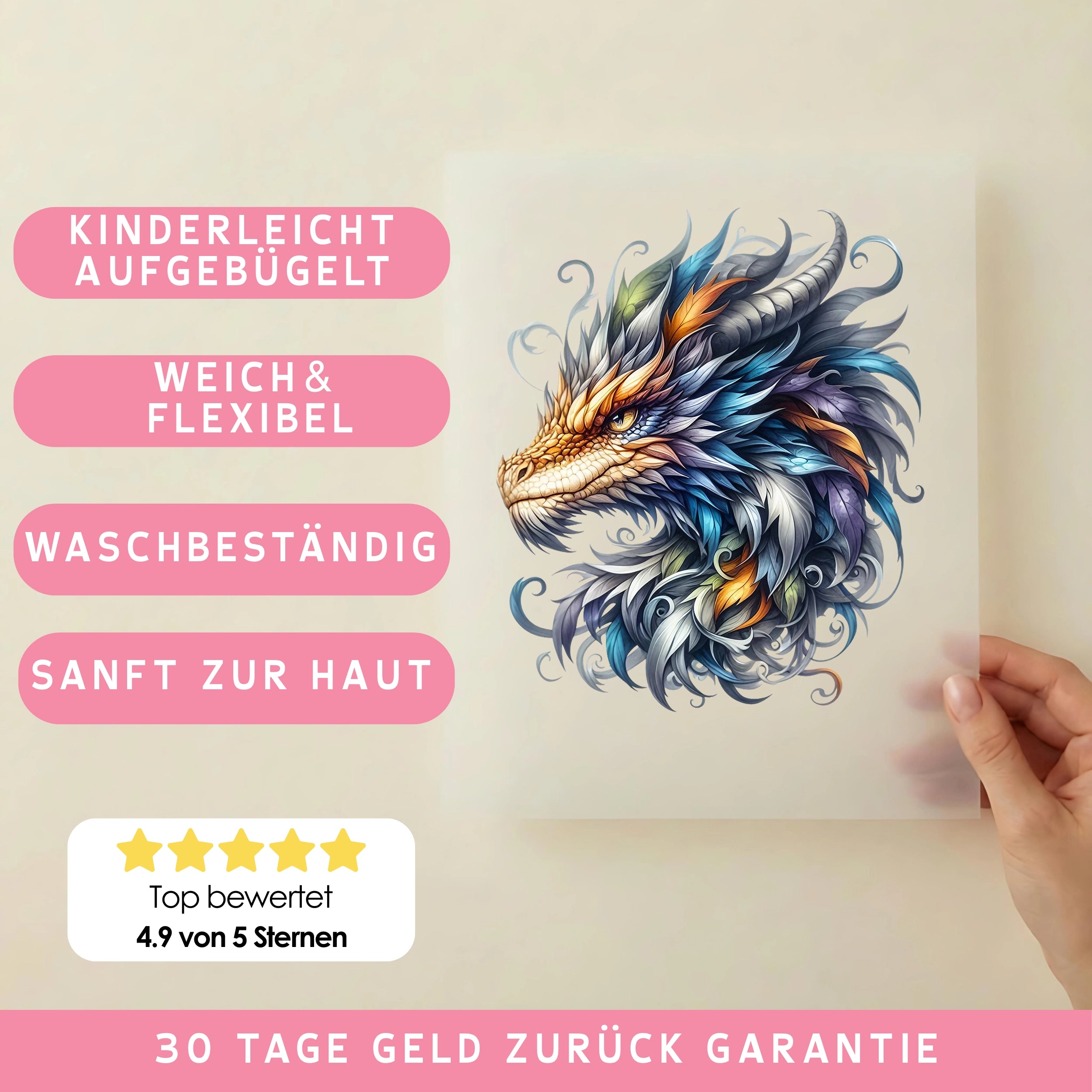 Bügelbild Drache Blaufeder