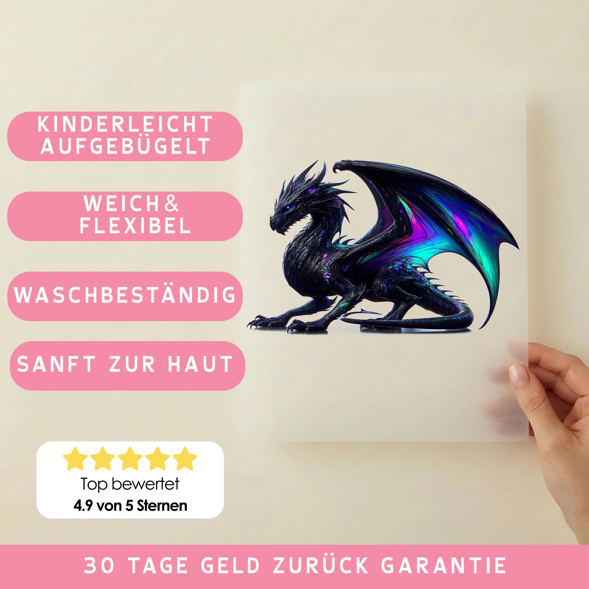 Bügelbild Drache Neon Schimmerglut
