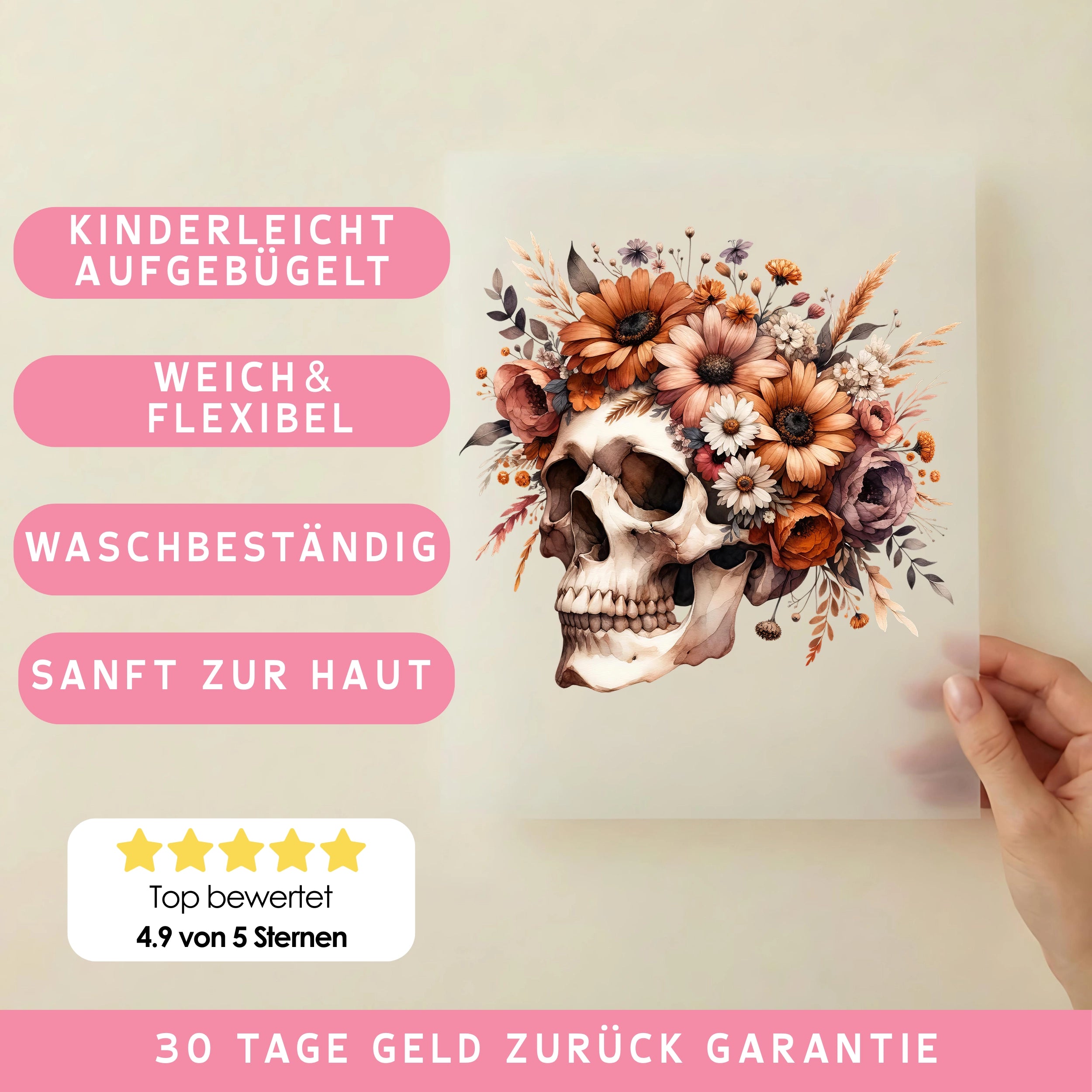 Bügelbild Schädel Boho Flower