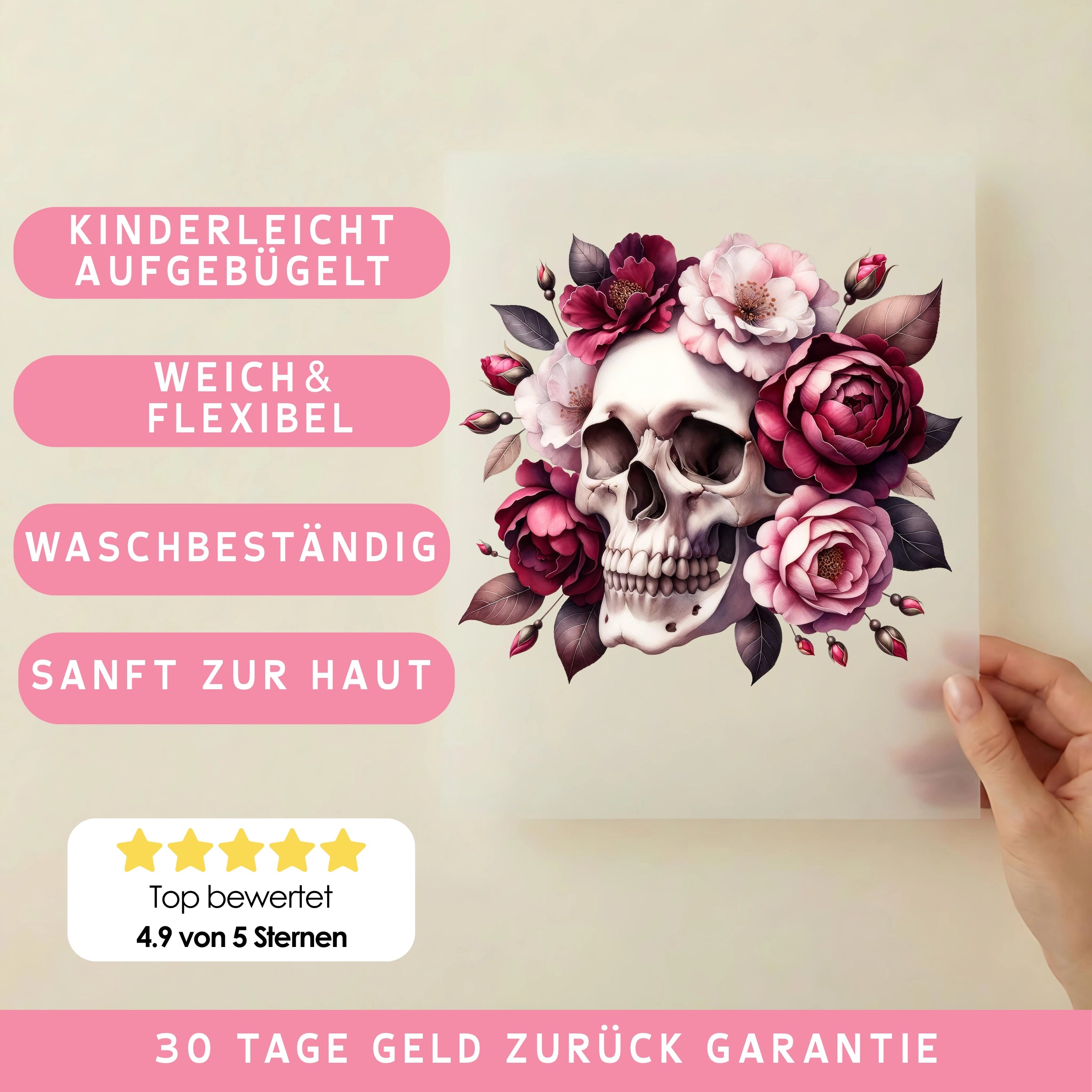 Bügelbild Schädel in Rosenpracht