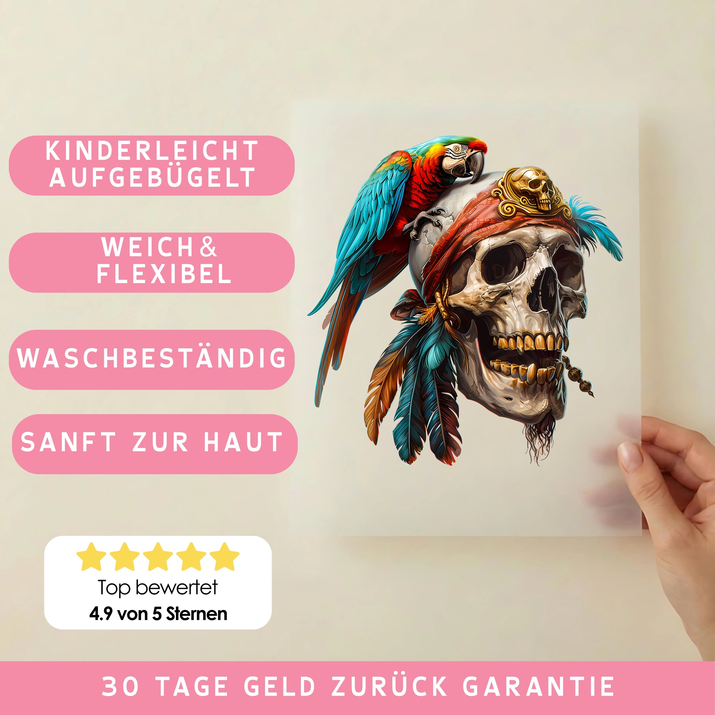 Bügelbild Piratenschädel mit Papagei
