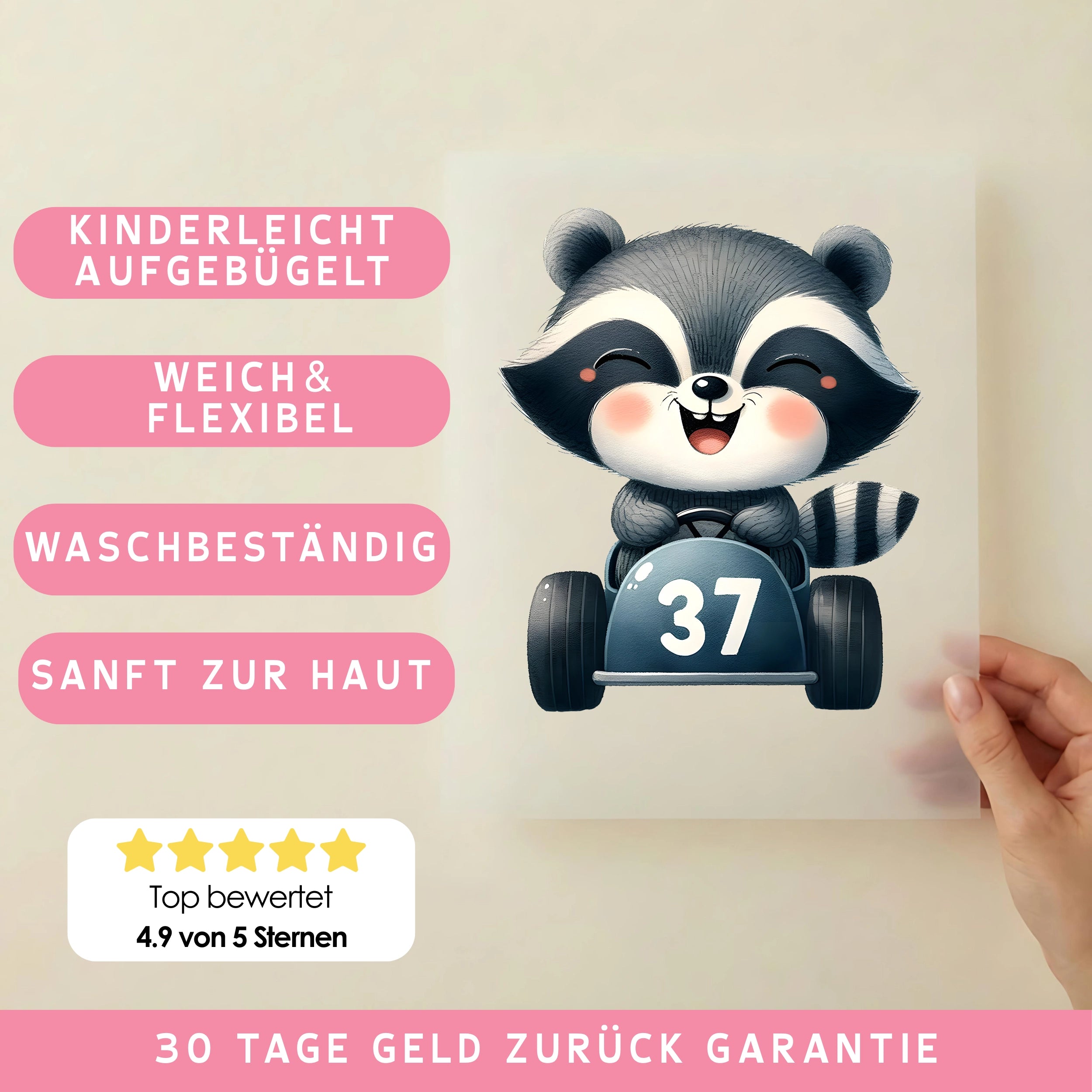 Bügelbild Rennfahrer Waschbär