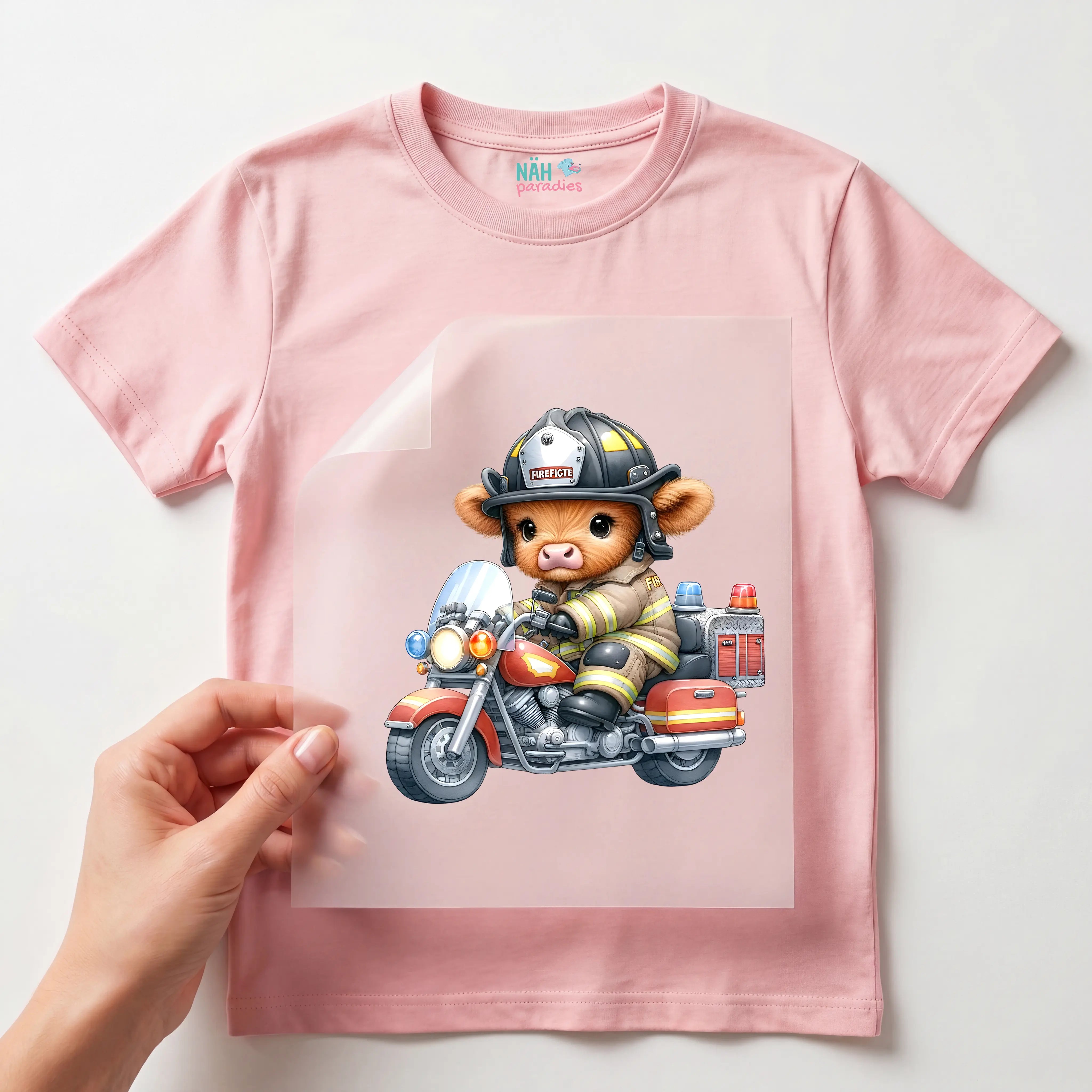Bügelbild Feuerwehr Kuh Motorradheld