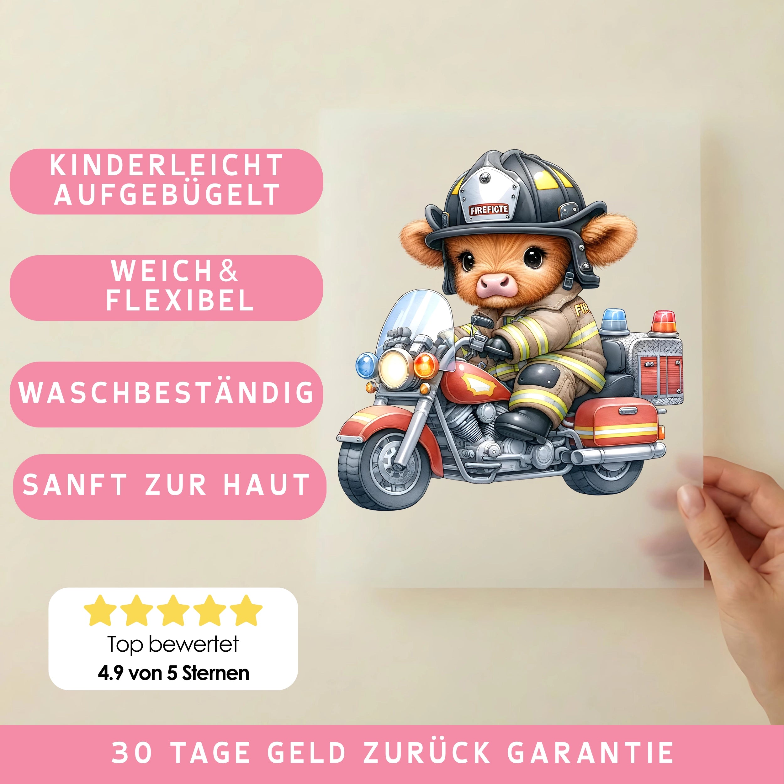 Bügelbild Feuerwehr Kuh Motorradheld