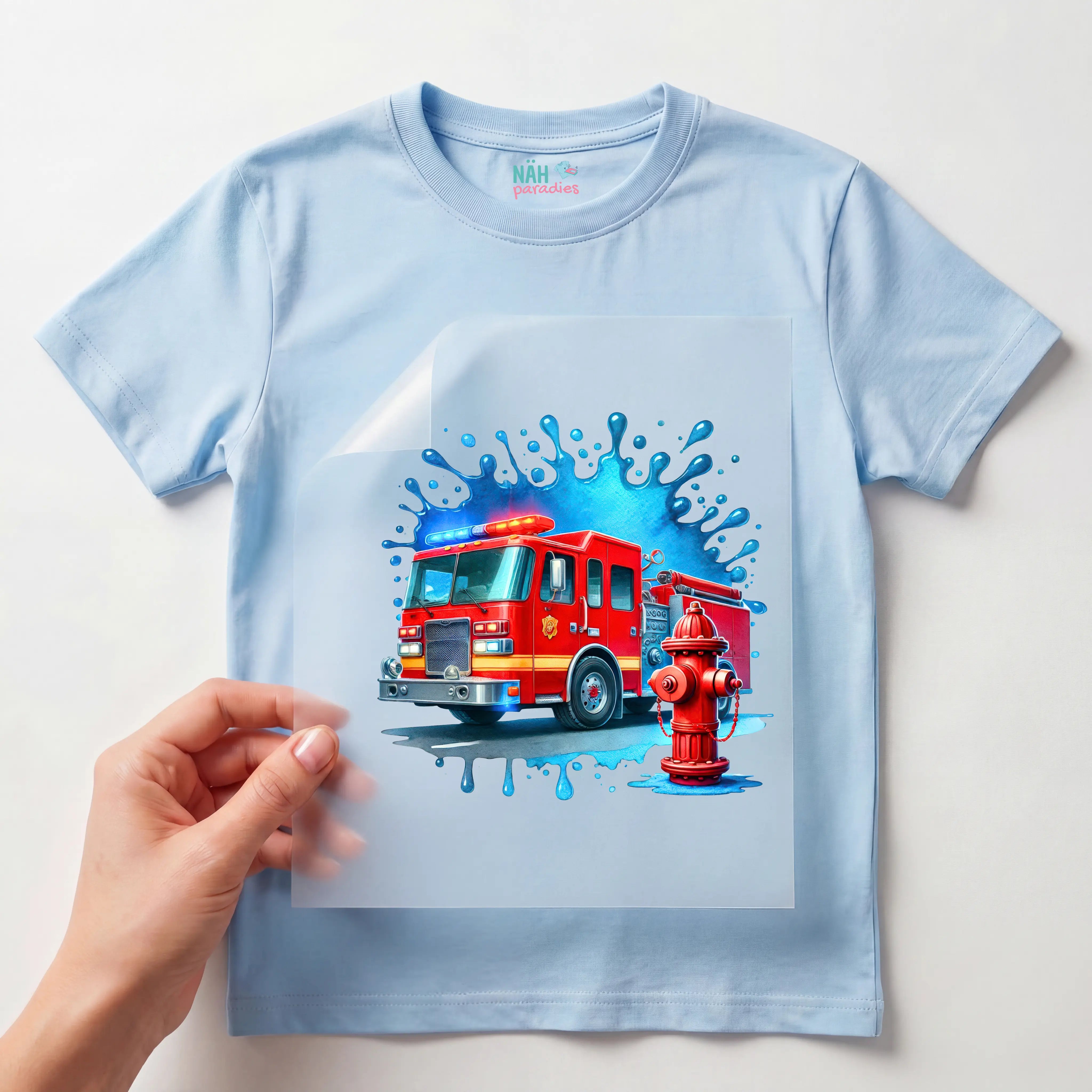 Bügelbild Feuerwehrwagen Wasser Splash