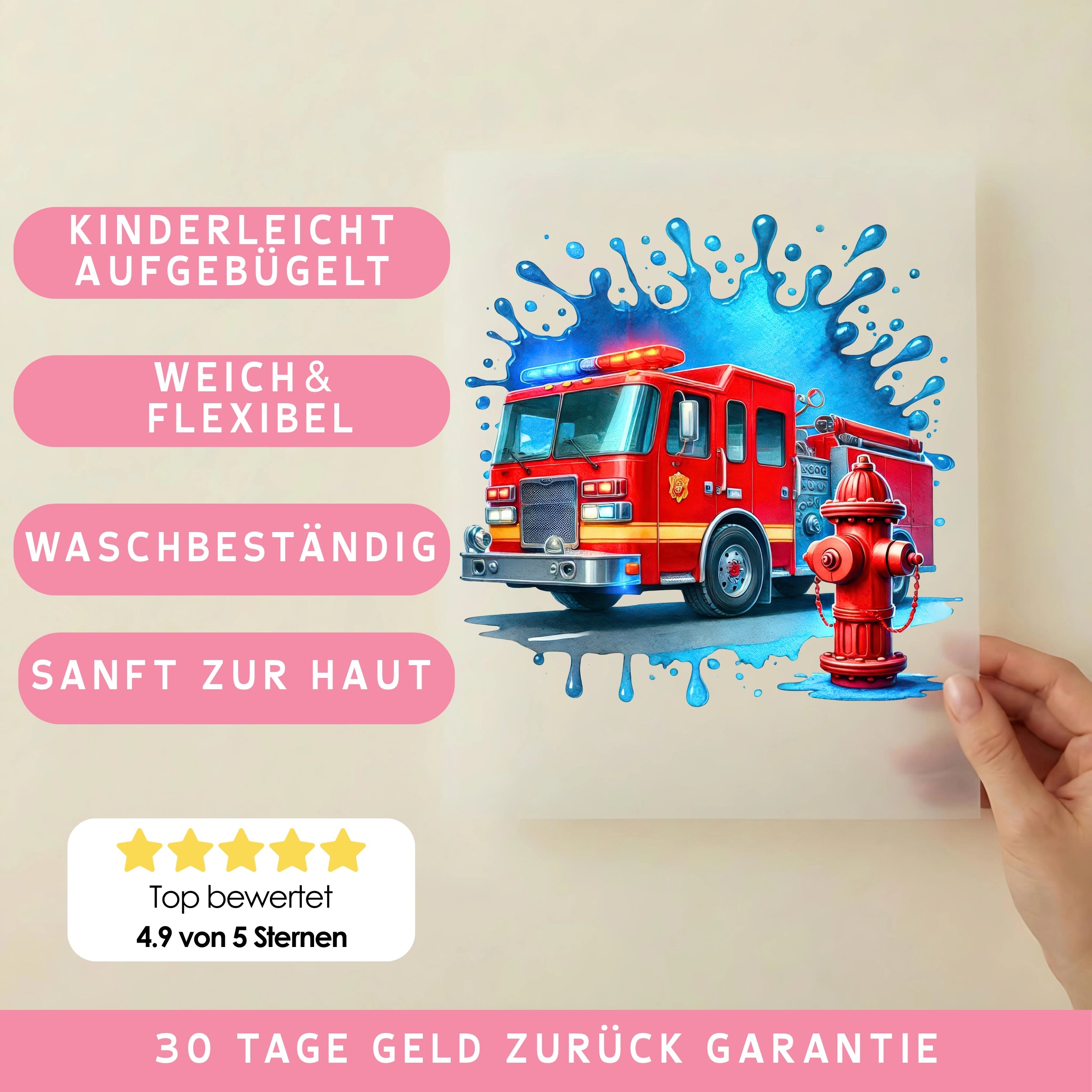 Bügelbild Feuerwehrwagen Wasser Splash