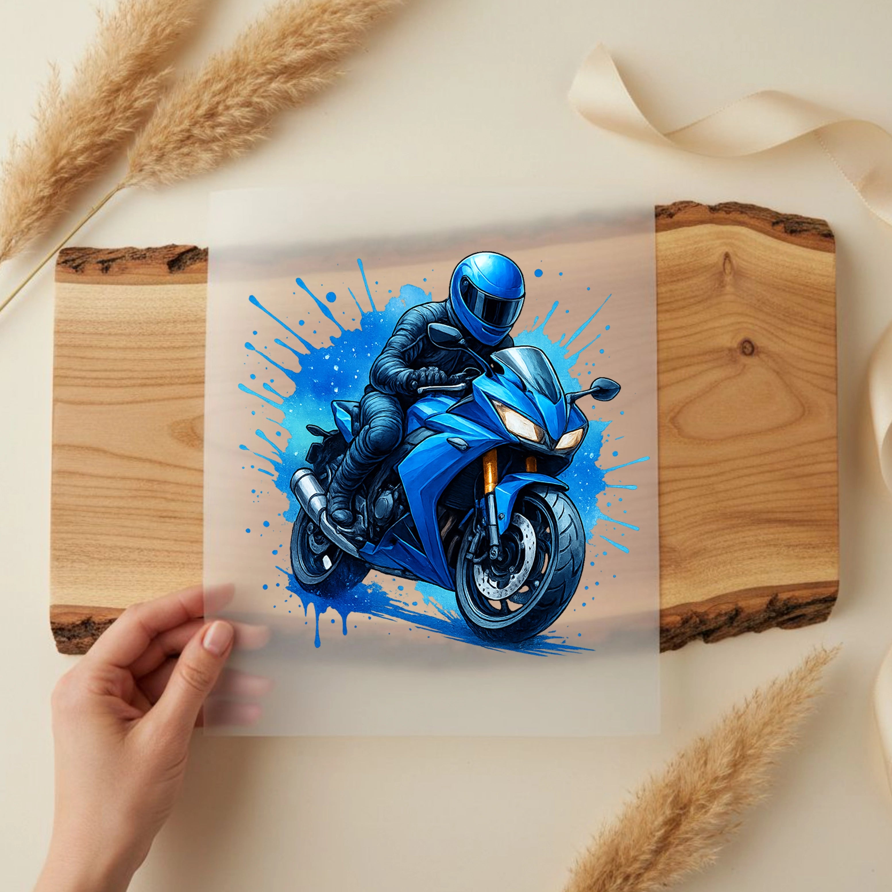 Bügelbild Motorrad Blauer Racer