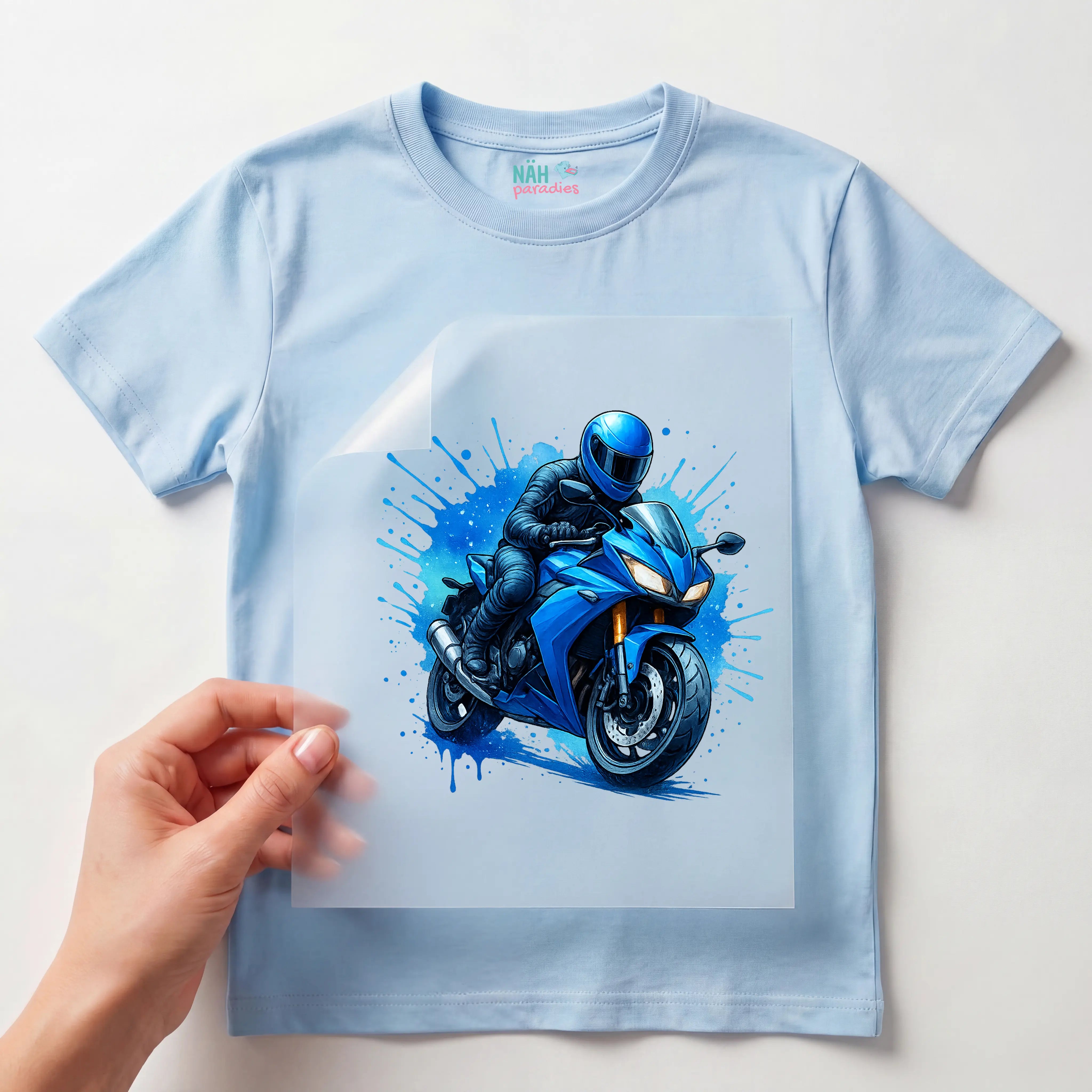 Bügelbild Motorrad Blauer Racer