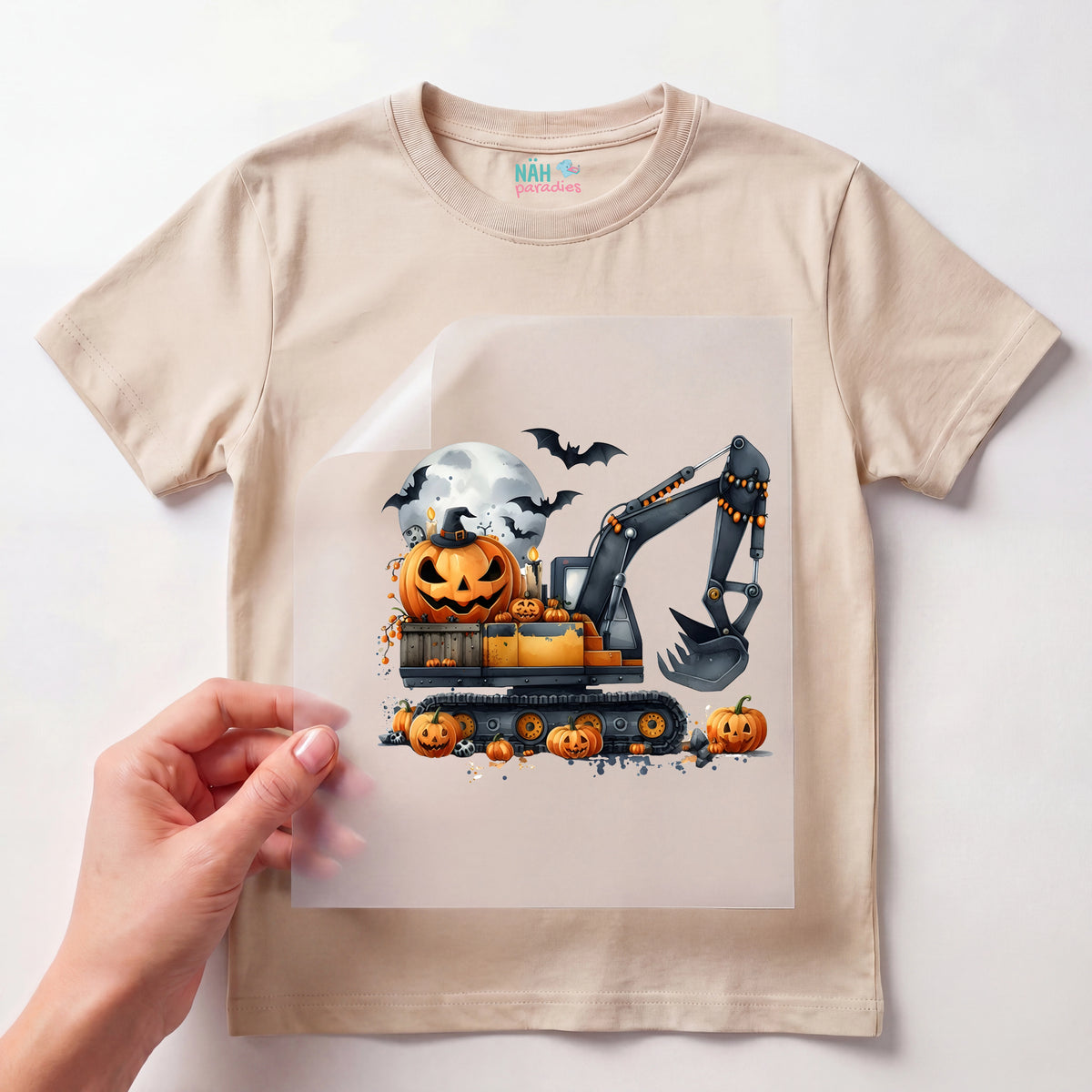 Bügelbild Halloween Kürbis Bagger