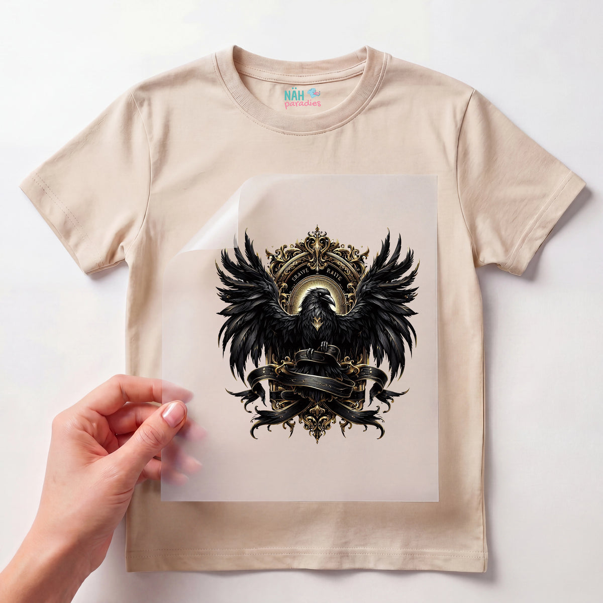 Bügelbild Rabe Goldfeder