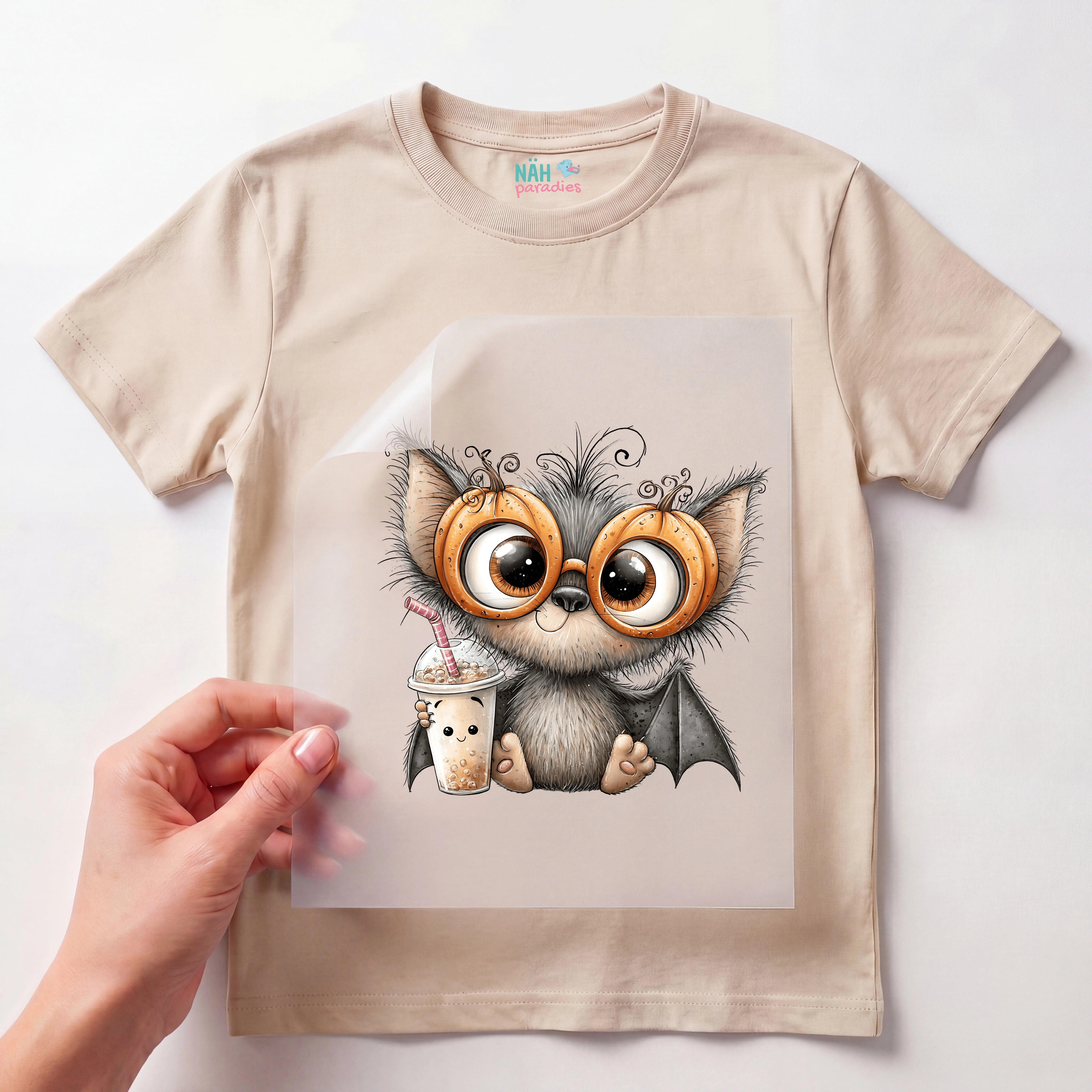 Bügelbild Fledermaus mit Brille und Drink