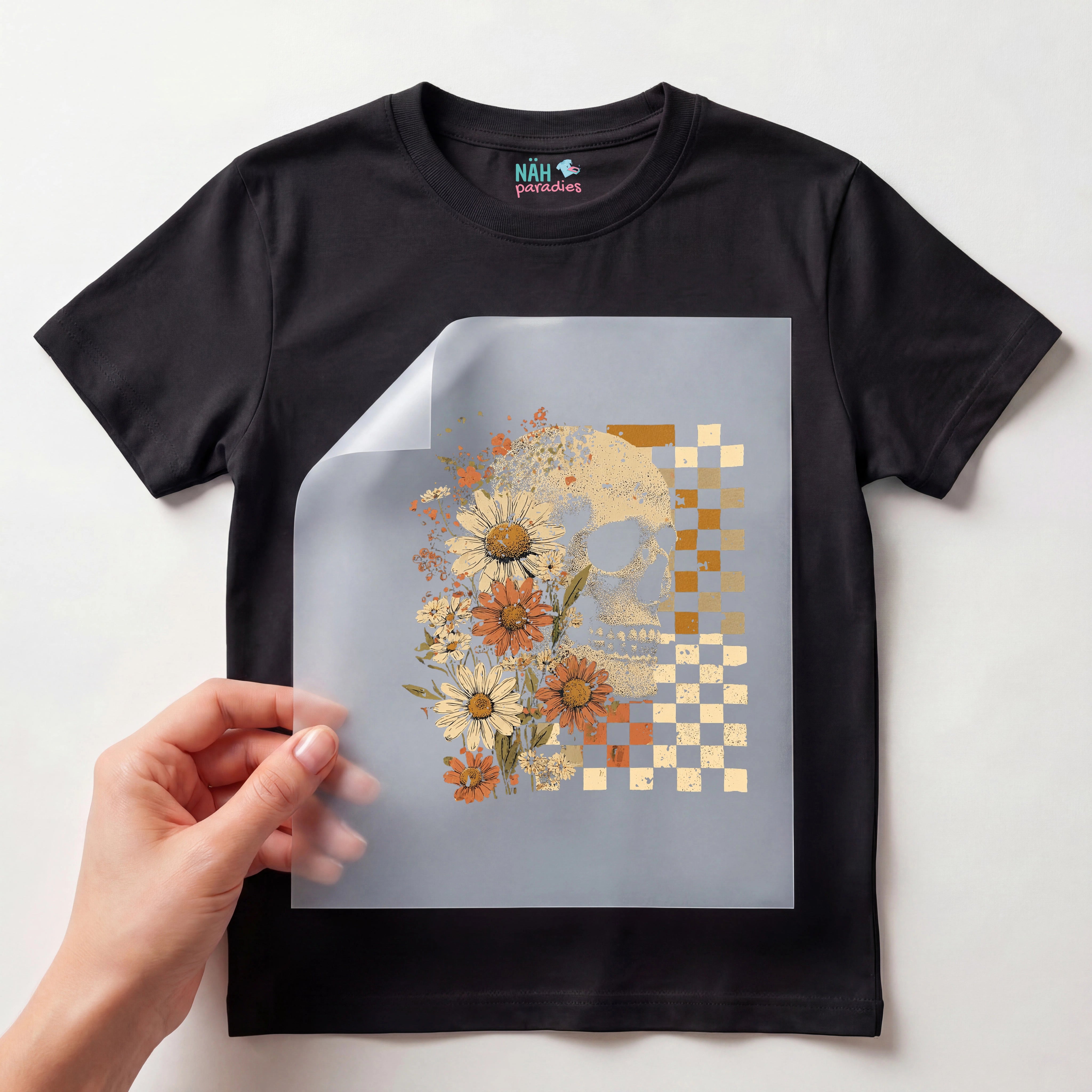 Bügelbild Blumen-Totenkopf