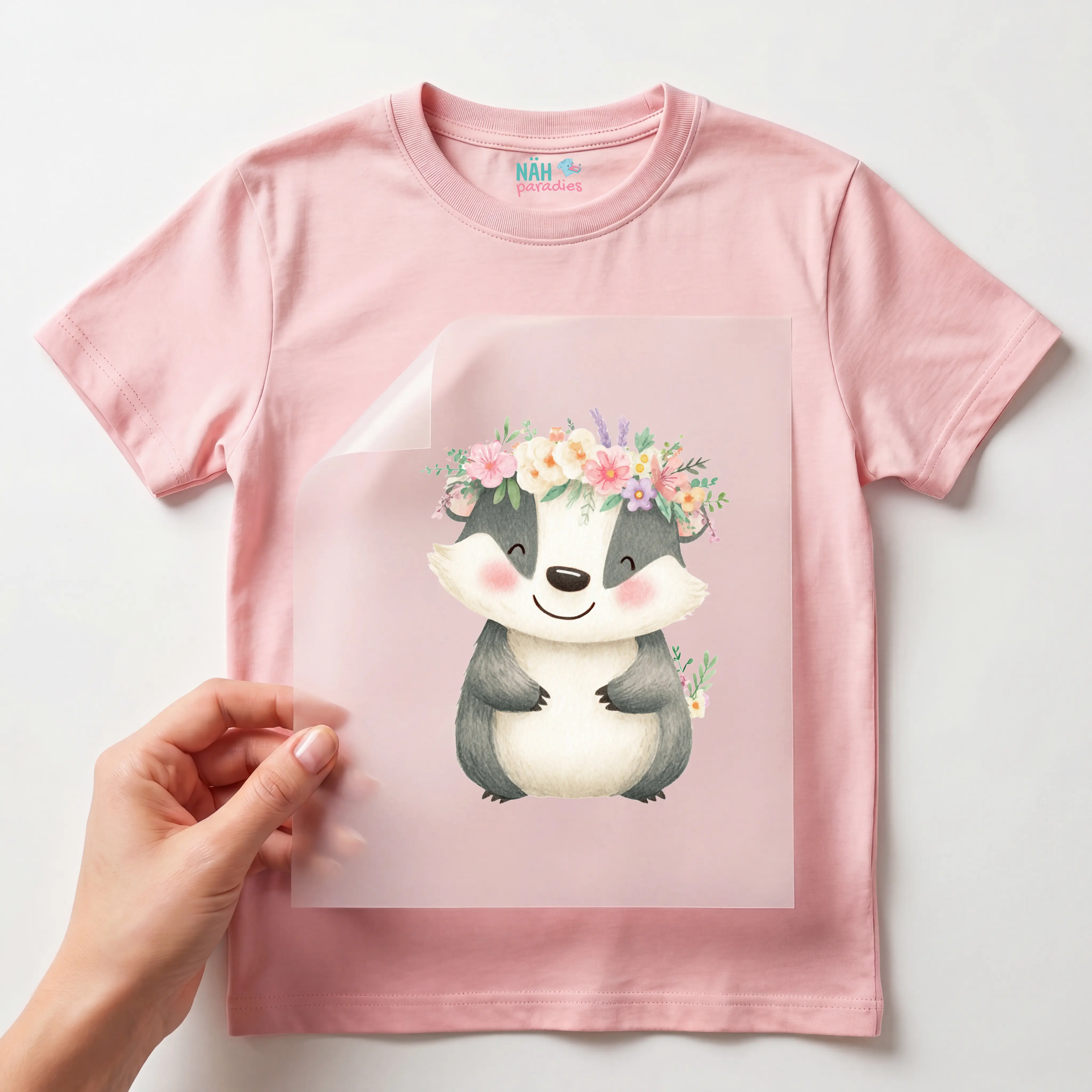 Bügelbild Dachs mit Blumenkranz
