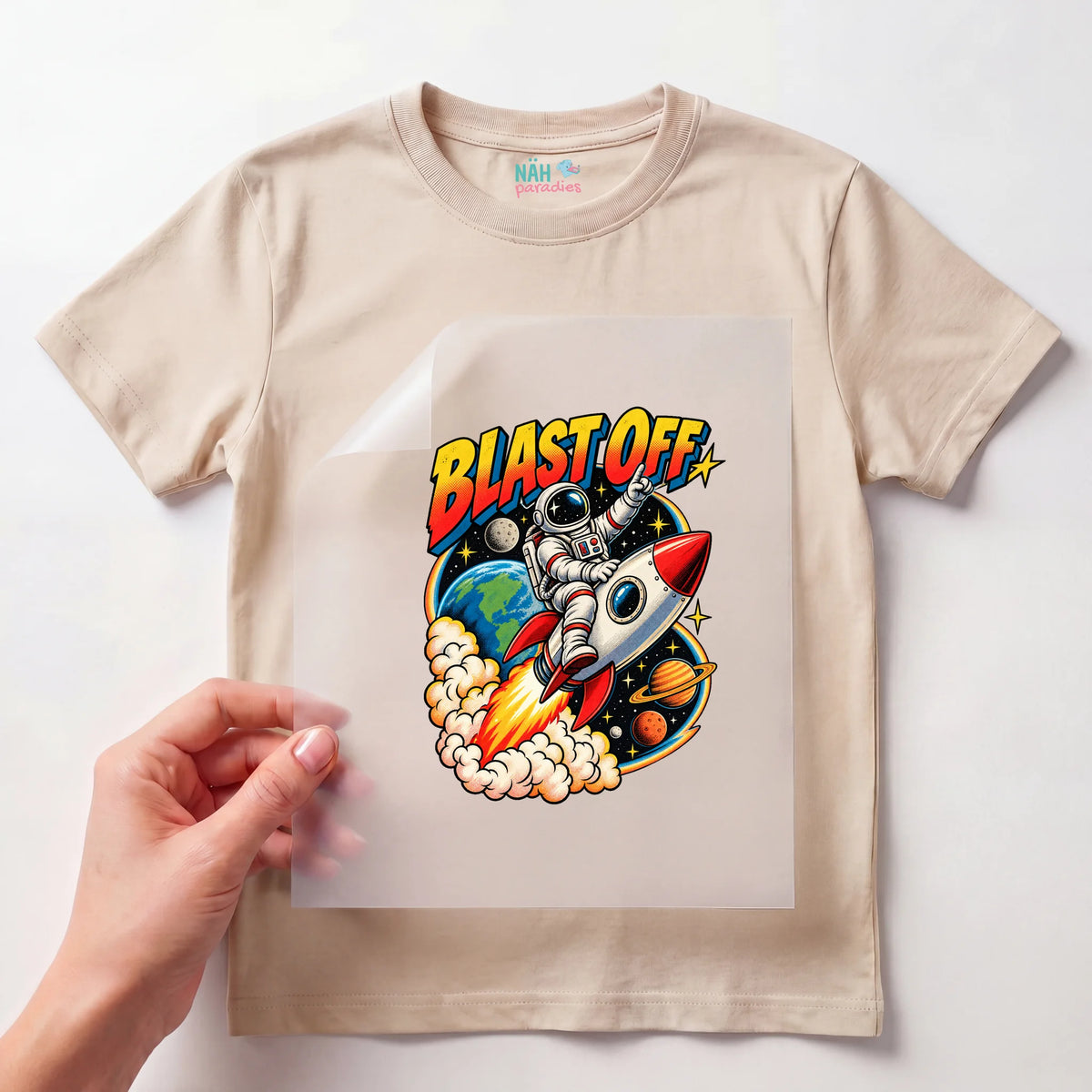 Bügelbild Astronaut Blast Off Rakete Comic