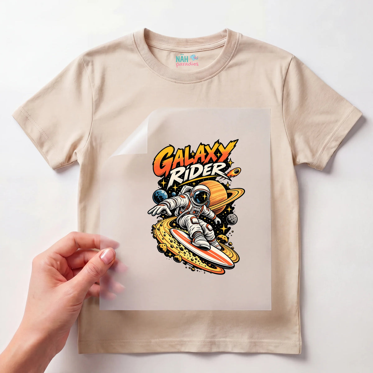 Bügelbild Astronaut Galaxy Rider Surfbrett