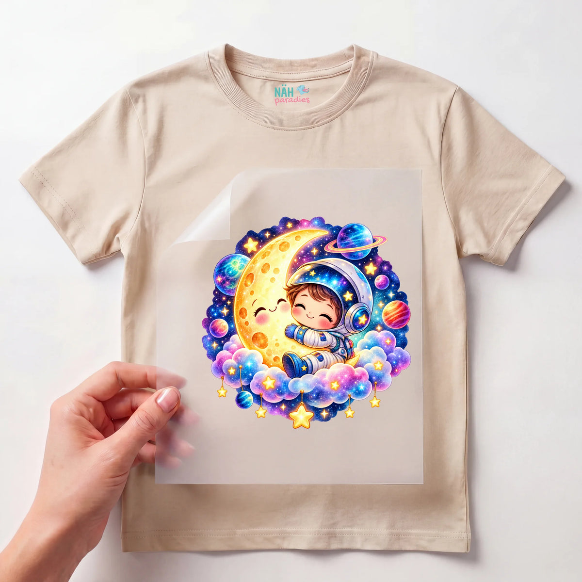 Bügelbild Astronaut Kind auf Mond Wolke Kawaii