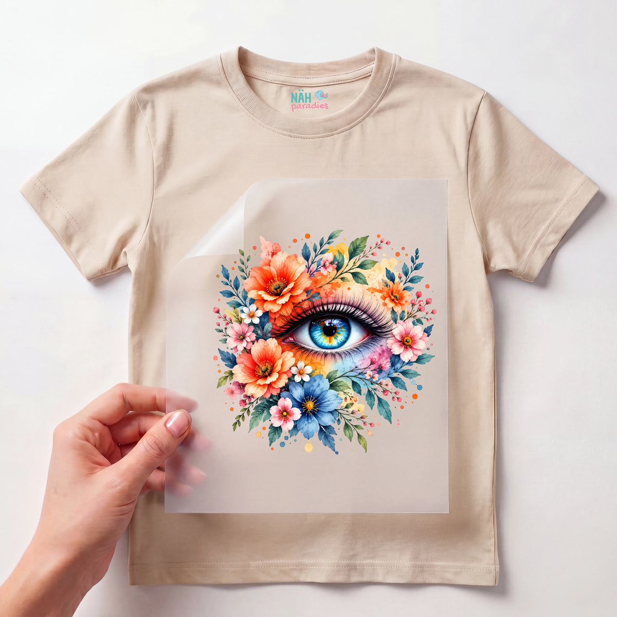Bügelbild Auge mit Blumen Bunt