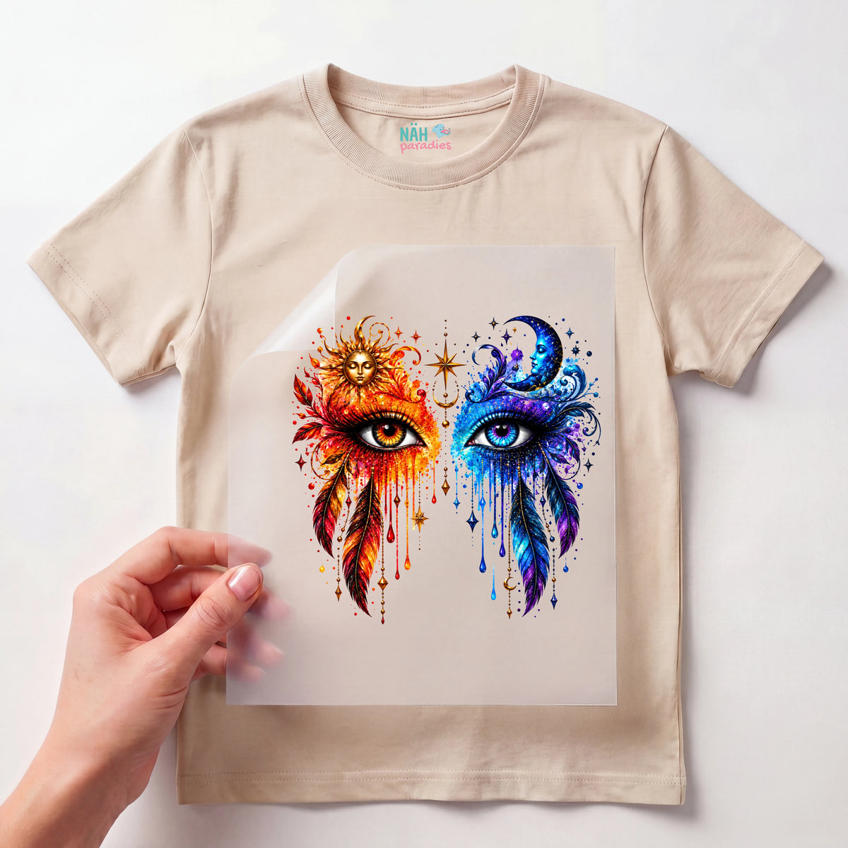 Bügelbild Augen Feuer und Eis