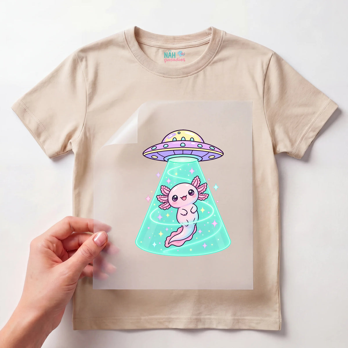 Bügelbild Axolotl im Ufo