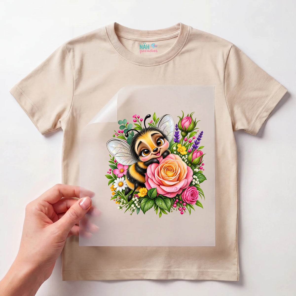 Bügelbild Biene mit Rosen