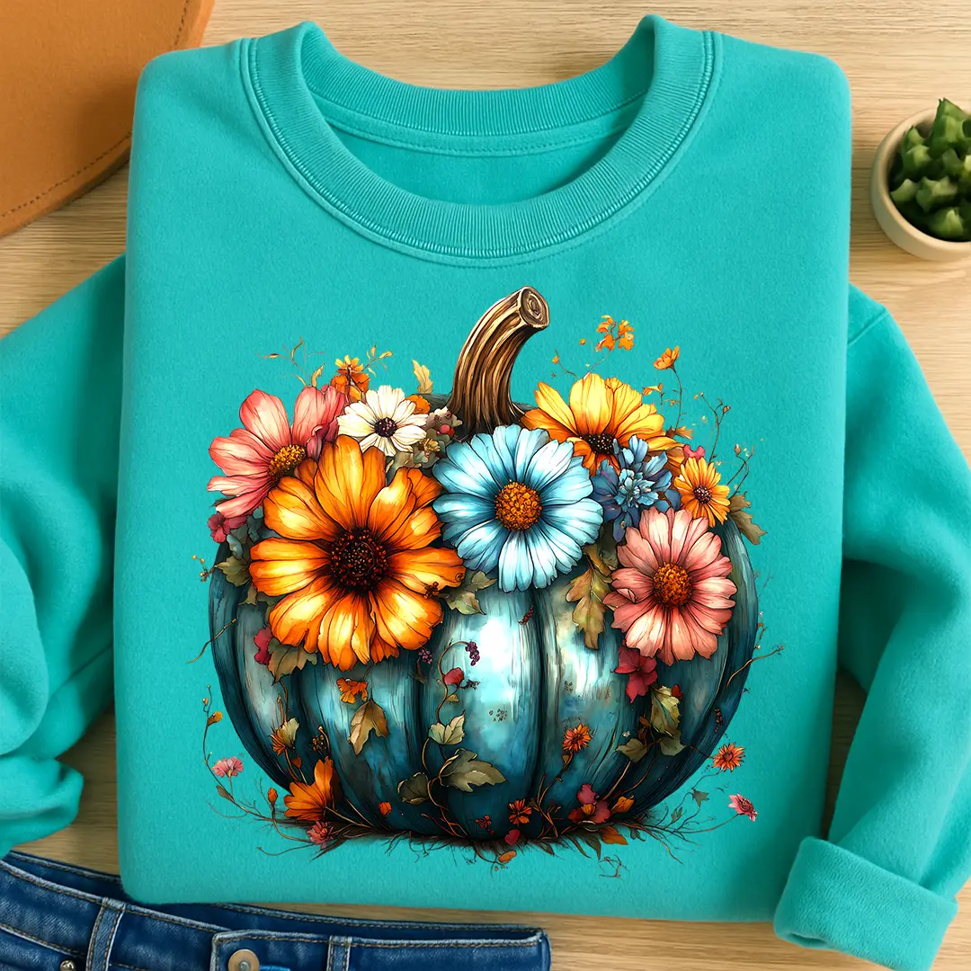 Bügelbild Blauer Blumen Kürbis