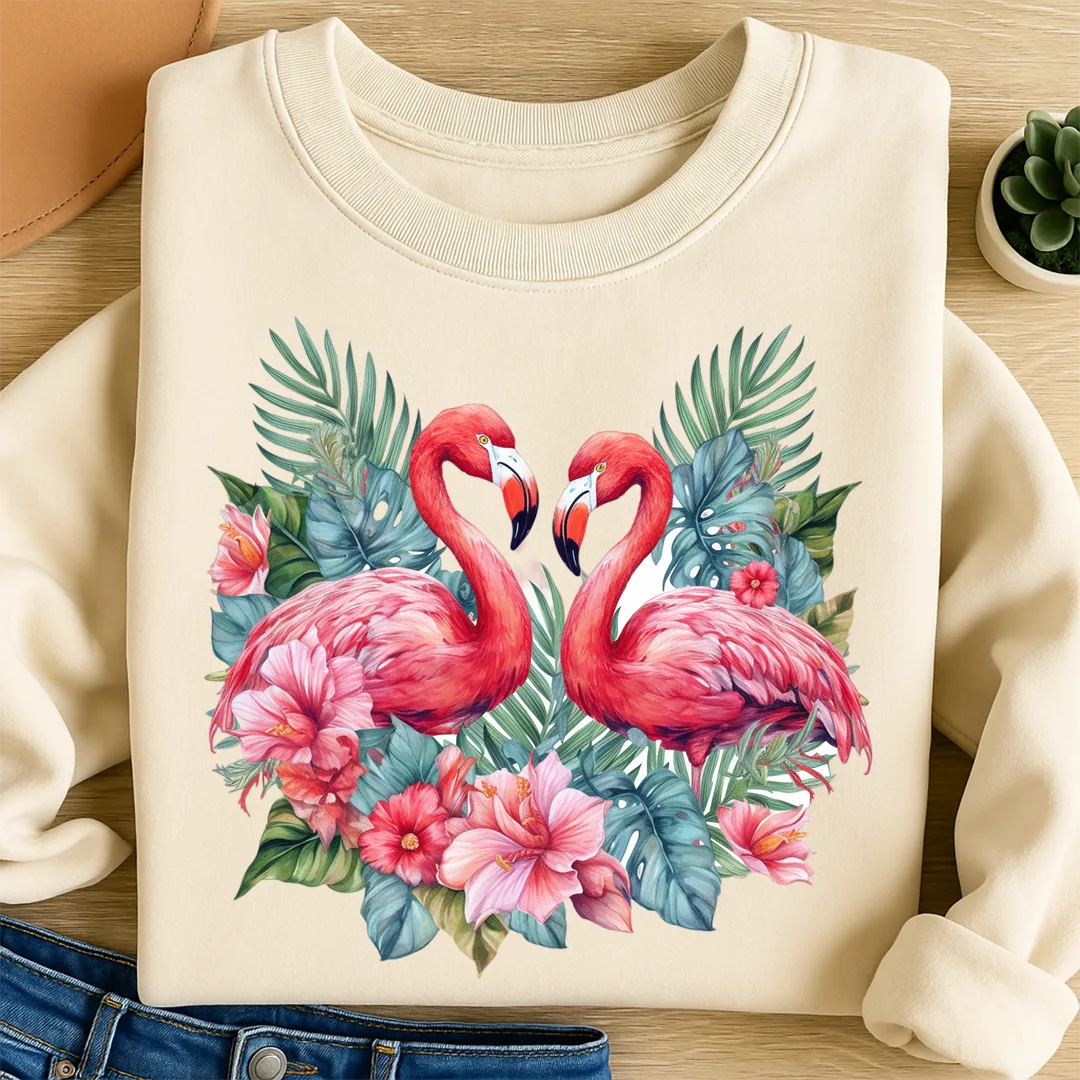 Bügelbild Blüten Flamingos