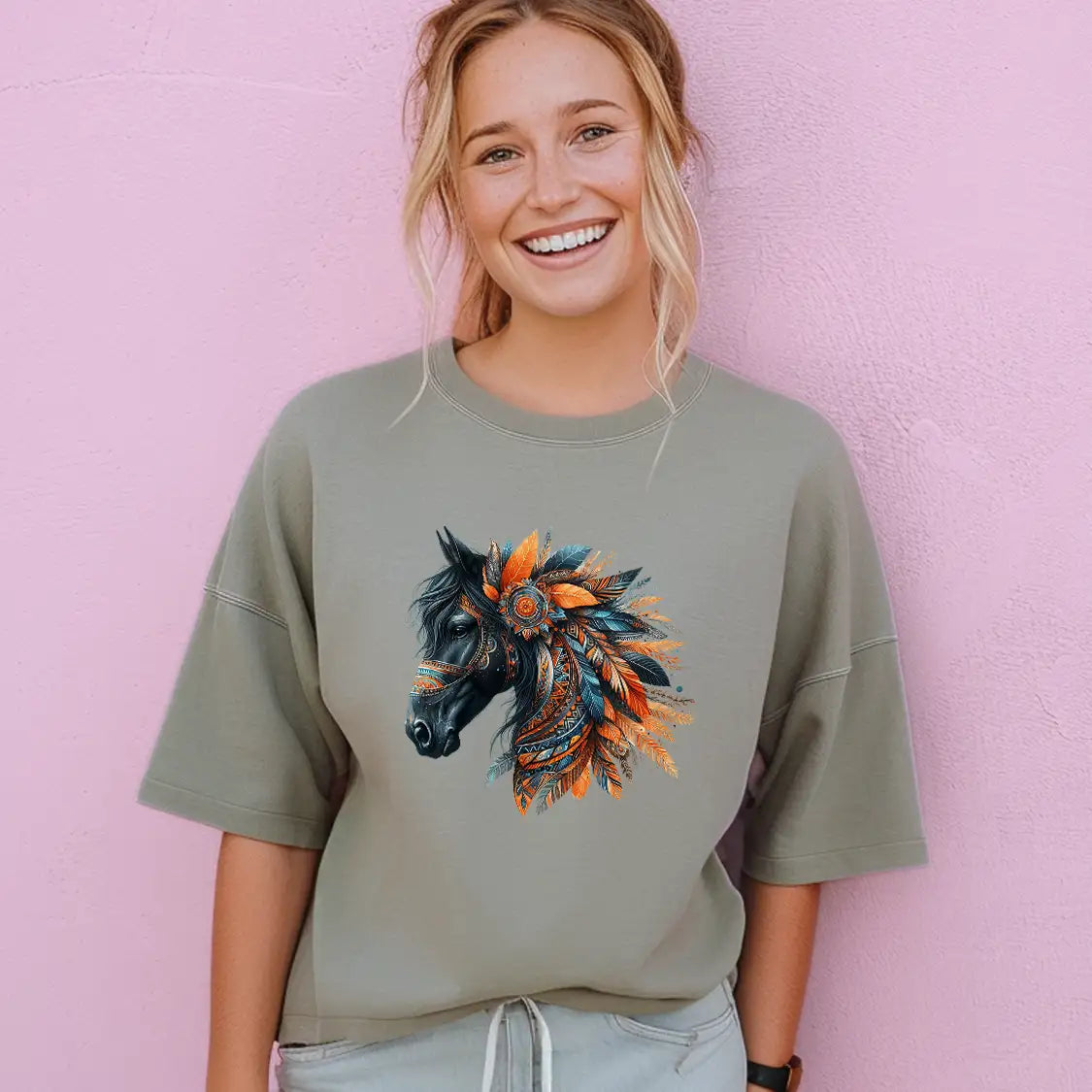 Bügelbild Boho Pferd Schwarz - XXL
