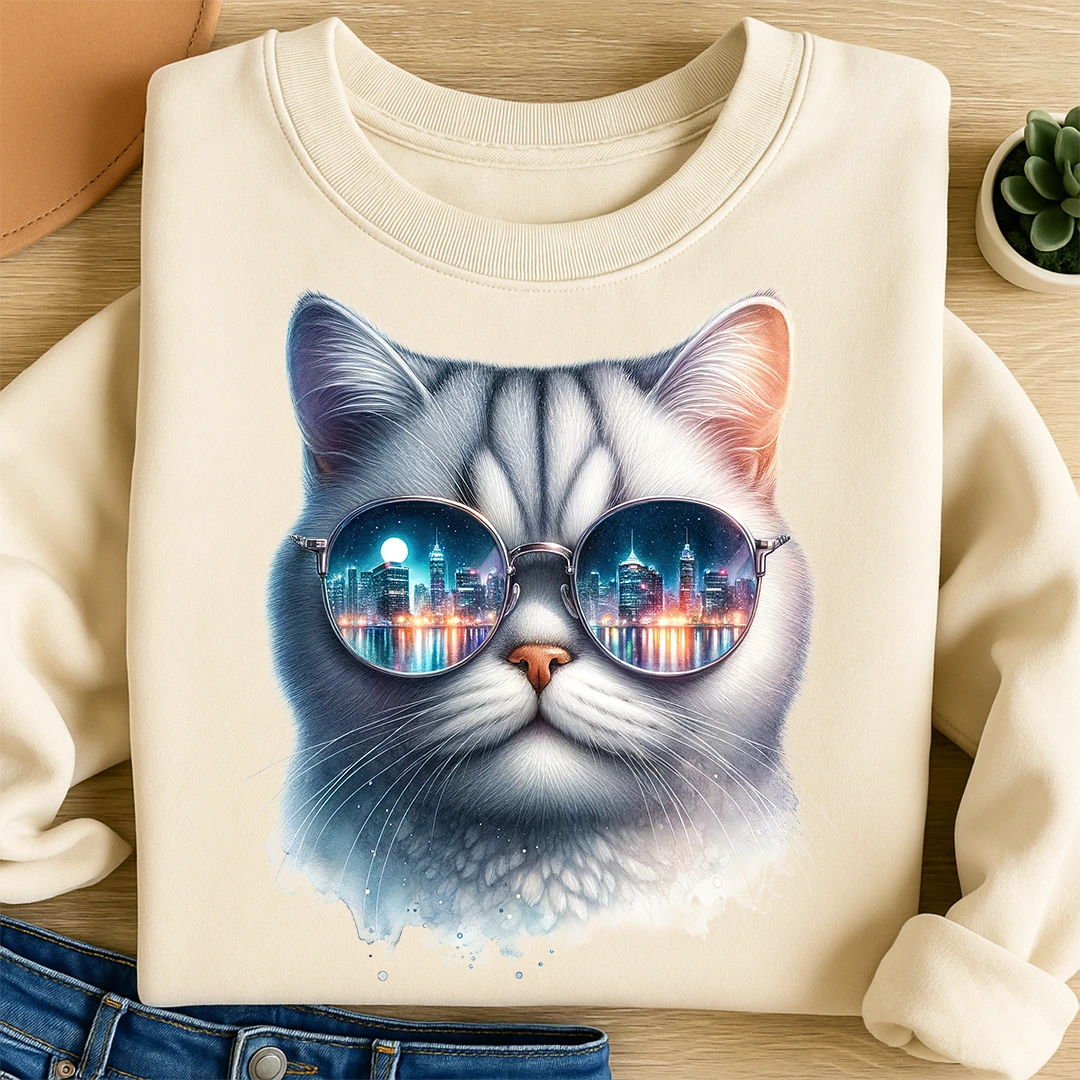 Bügelbild Brillen Katze Nachtleben