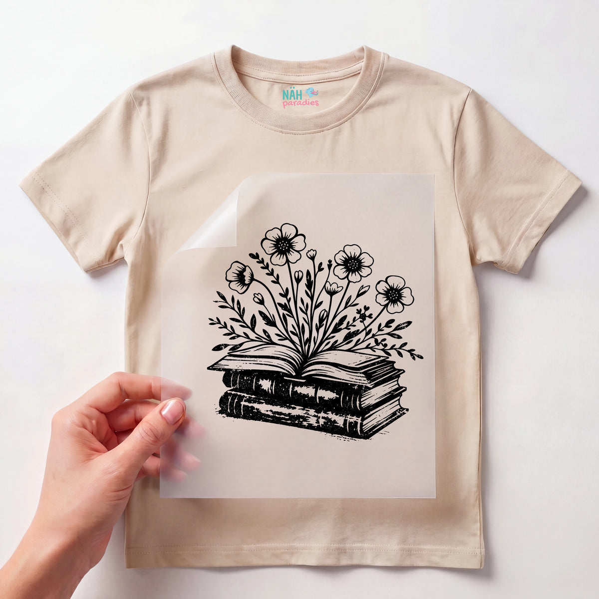 Bügelbild Buch mit Blumen Schwarz