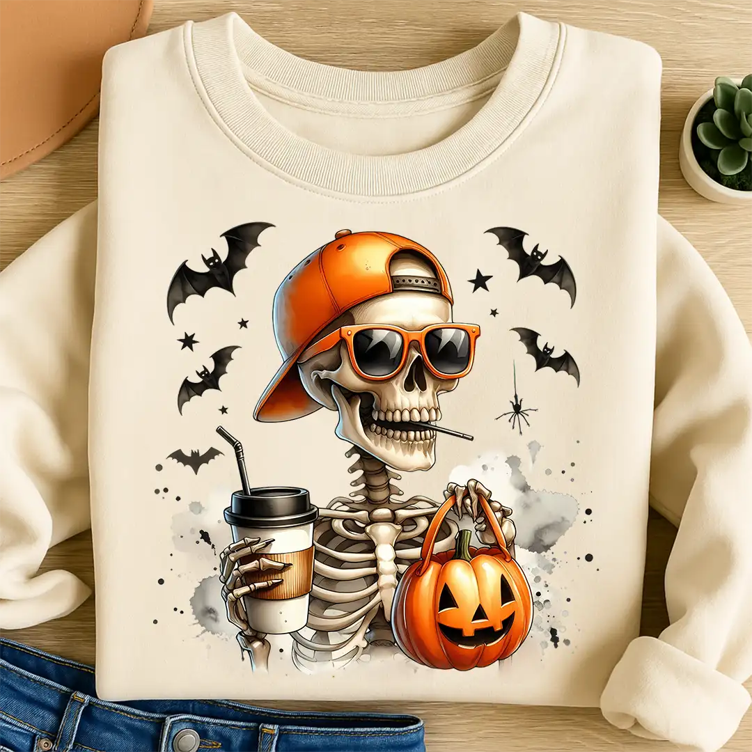 Bügelbild Coffee Skelett Johny