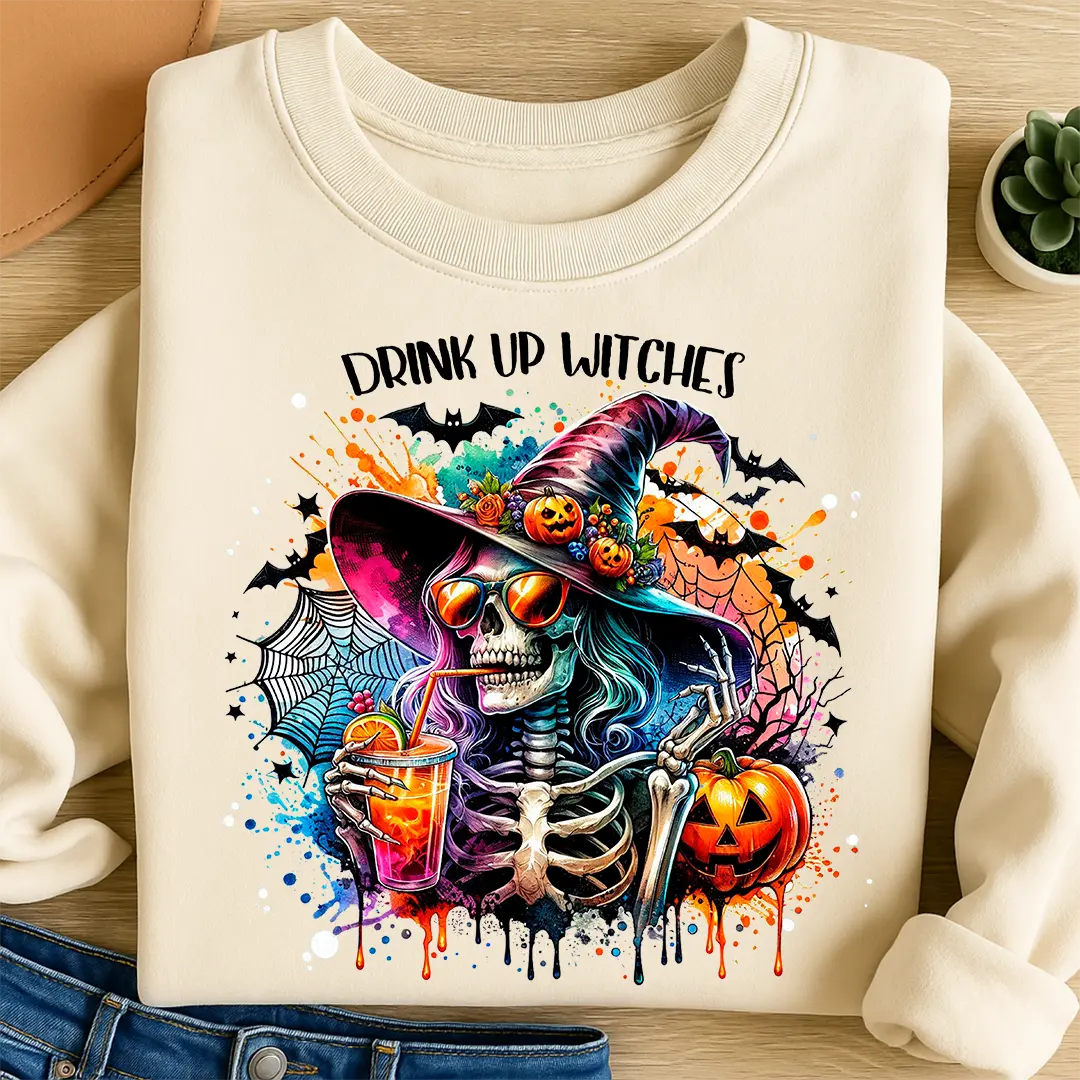 Bügelbild Drink up Witches Skelett