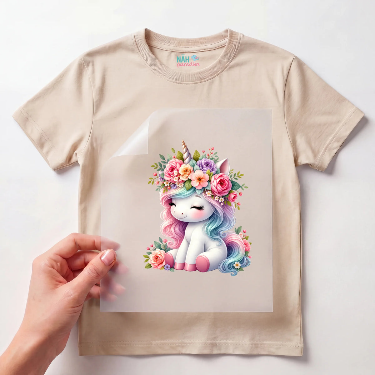 Bügelbild Einhorn mit Blumenkranz Kawaii