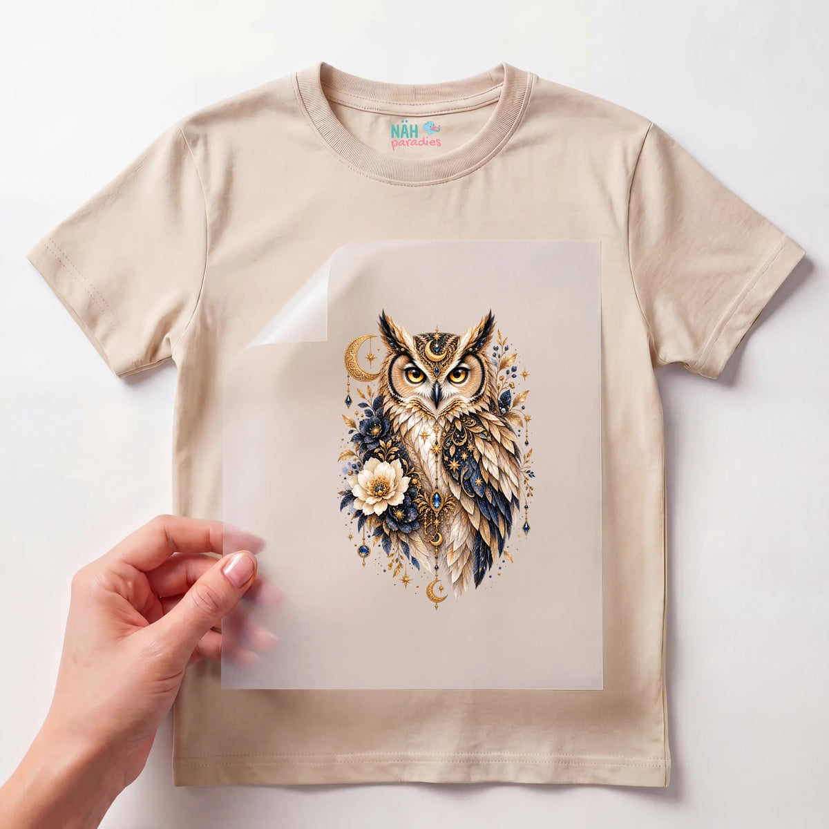 Bügelbild Eule mit Mond und Blumen Boho