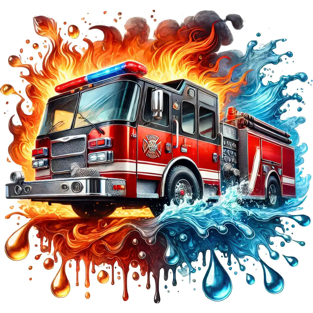 Bügelbild Feuerwehrwagen mit Flammen und Wasser