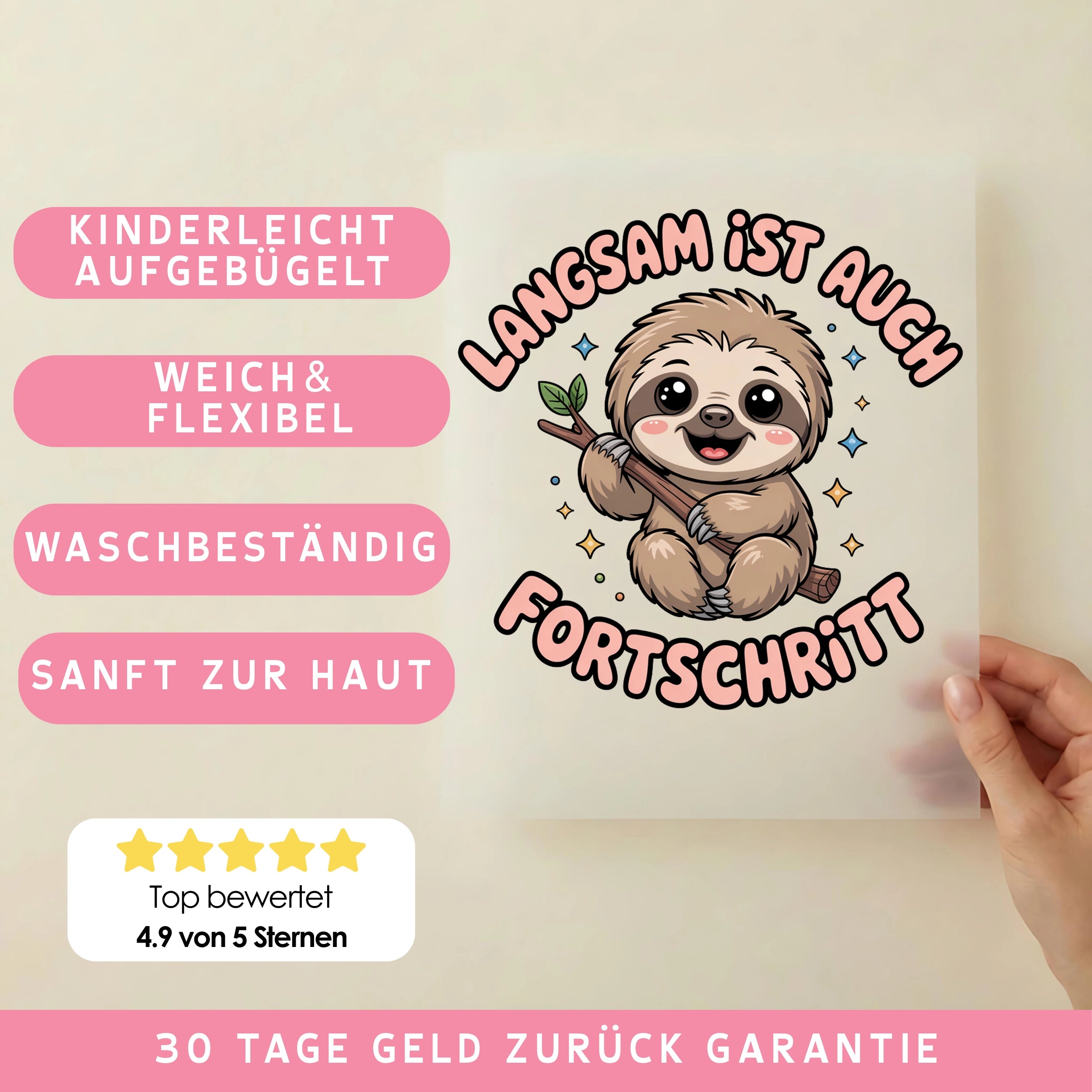 Bügelbild Faultier Mutmacher