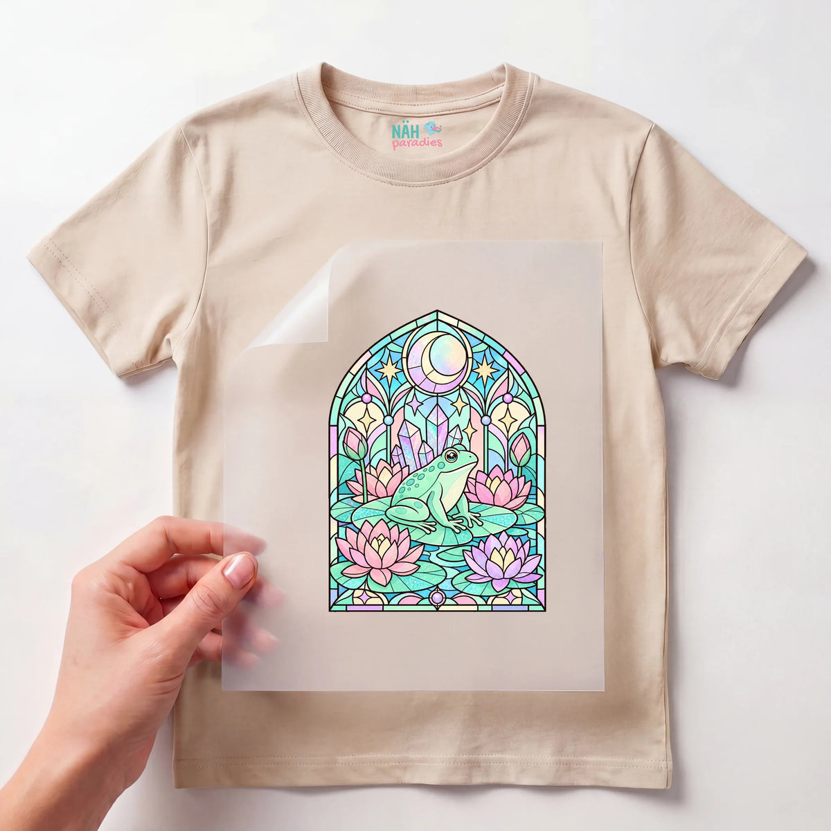 Bügelbild Frosch Kirchenfenster Pastell