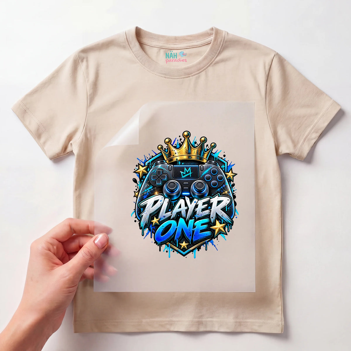 Bügelbild Gamer Controller Player One Krone
