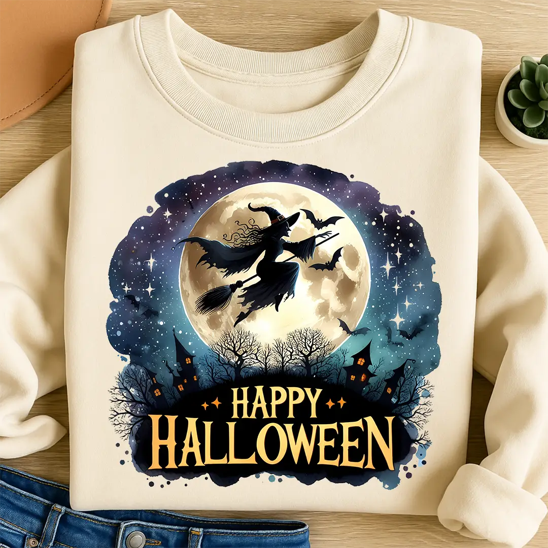 Bügelbild Halloween Hexe Vollmondflug