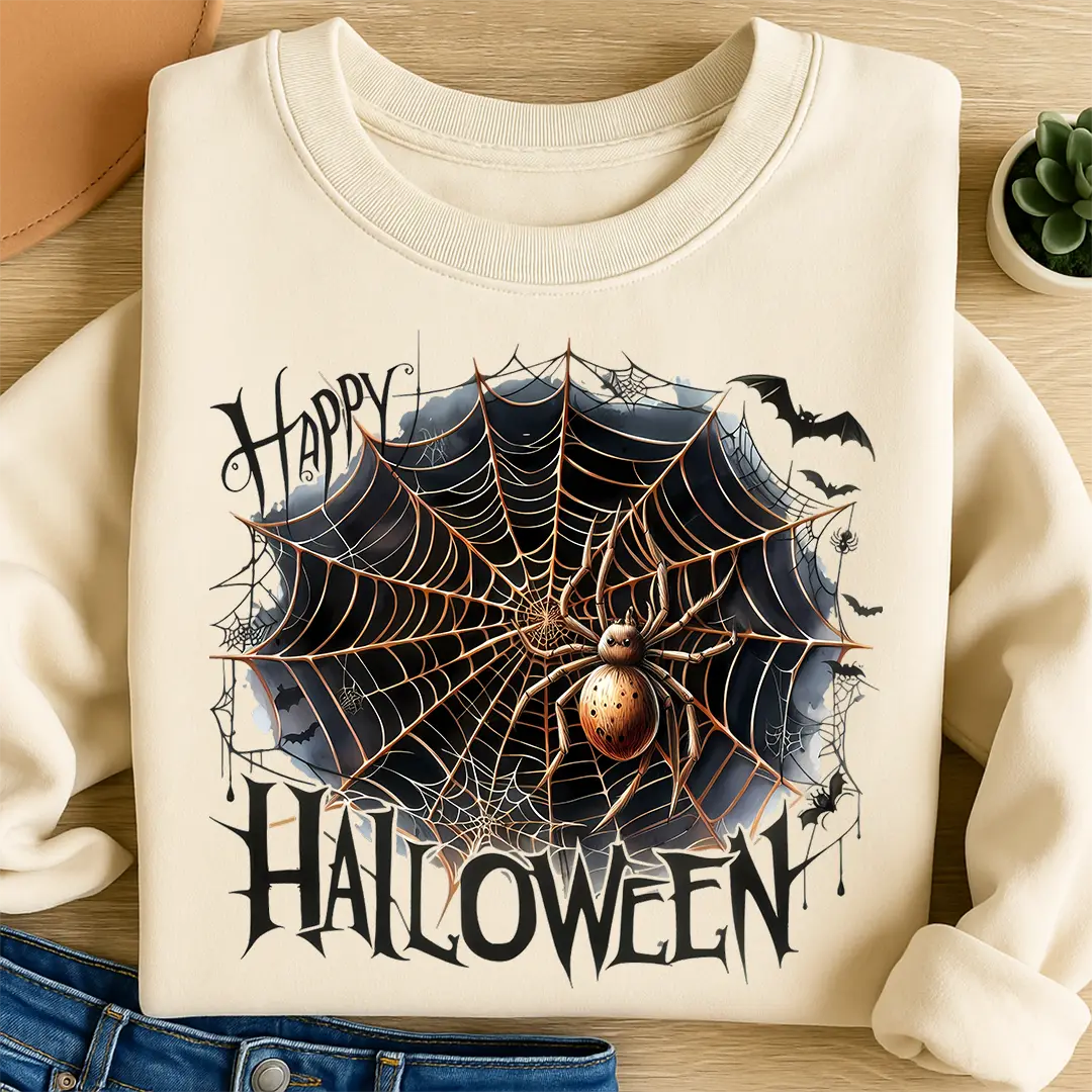 Bügelbild Happy Halloween Spinnennetz