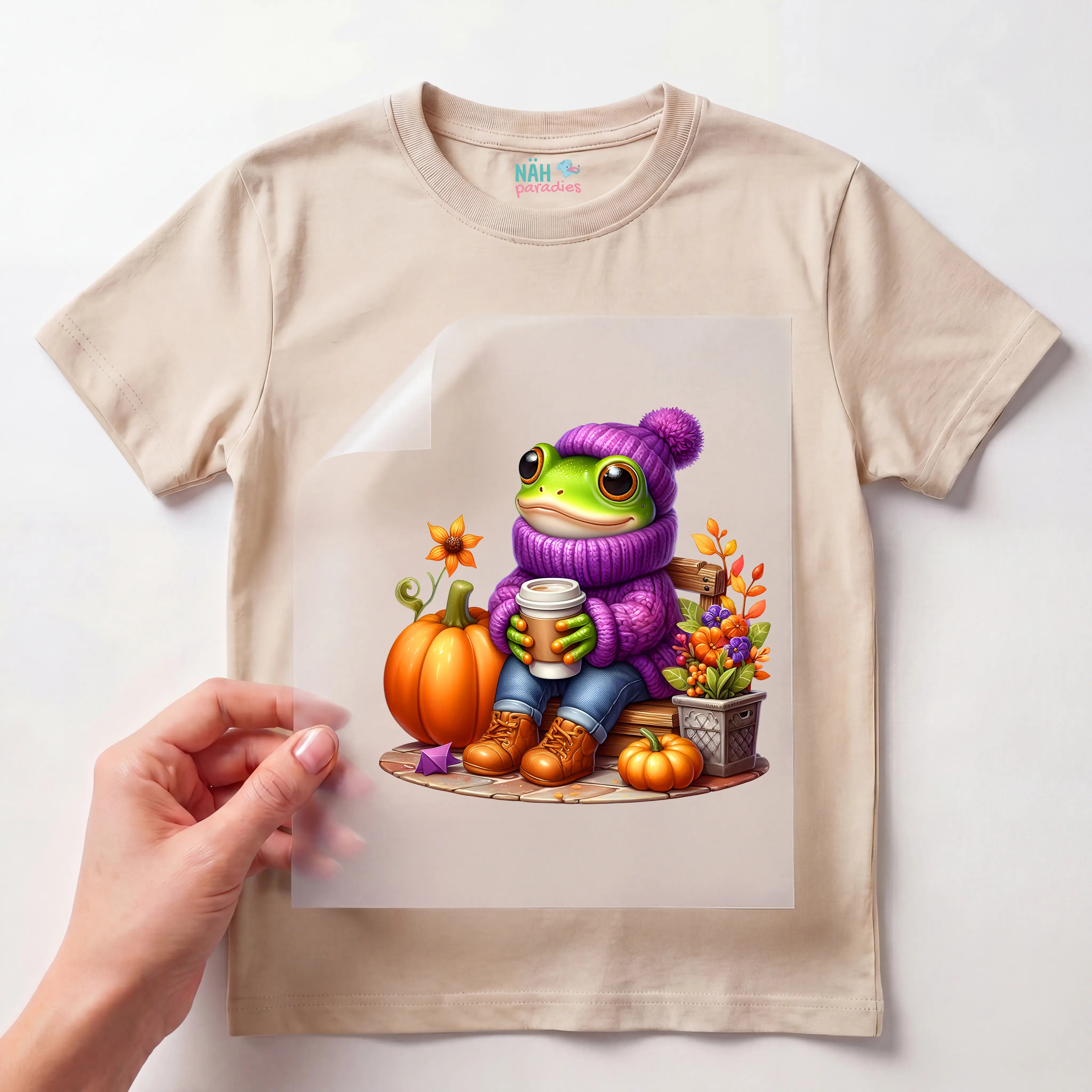 Bügelbild Frosch herbstlicher Kaffeegenuss