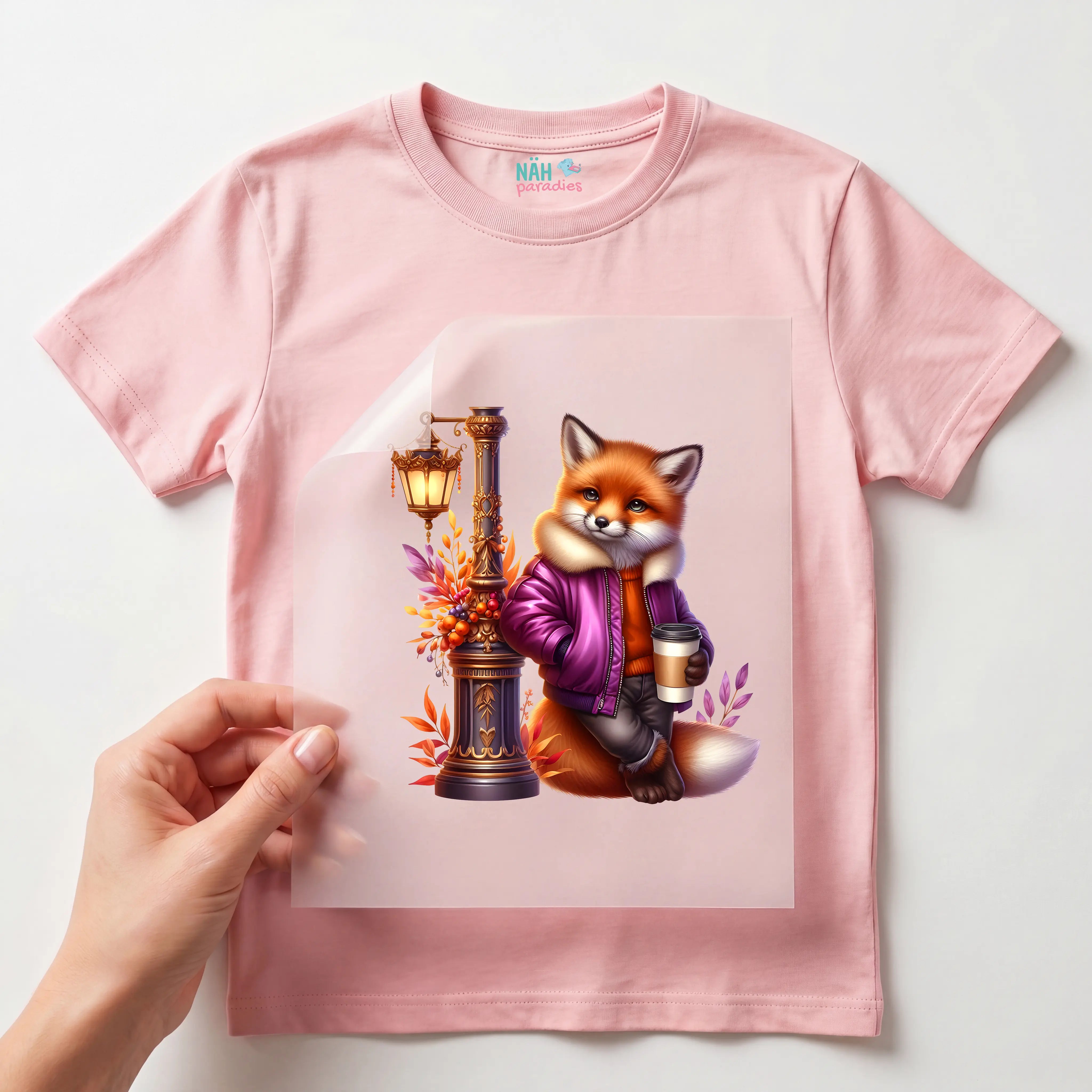 Bügelbild Fuchs Foxy mit Kaffe